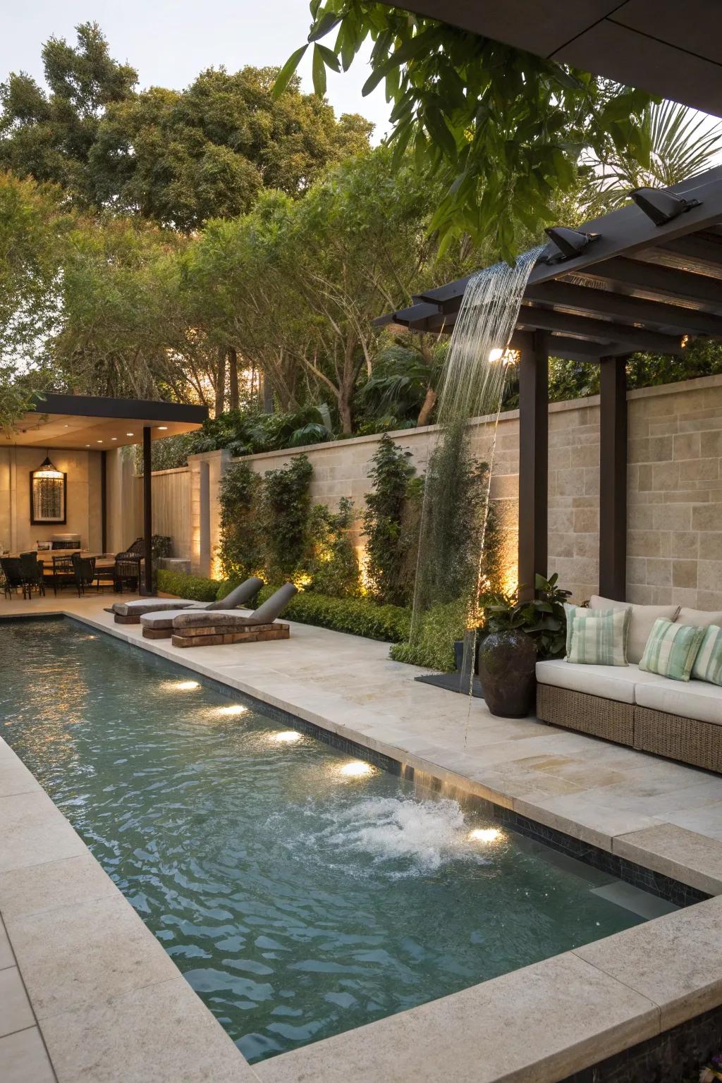 A water feature adds sound privacy and elegance.