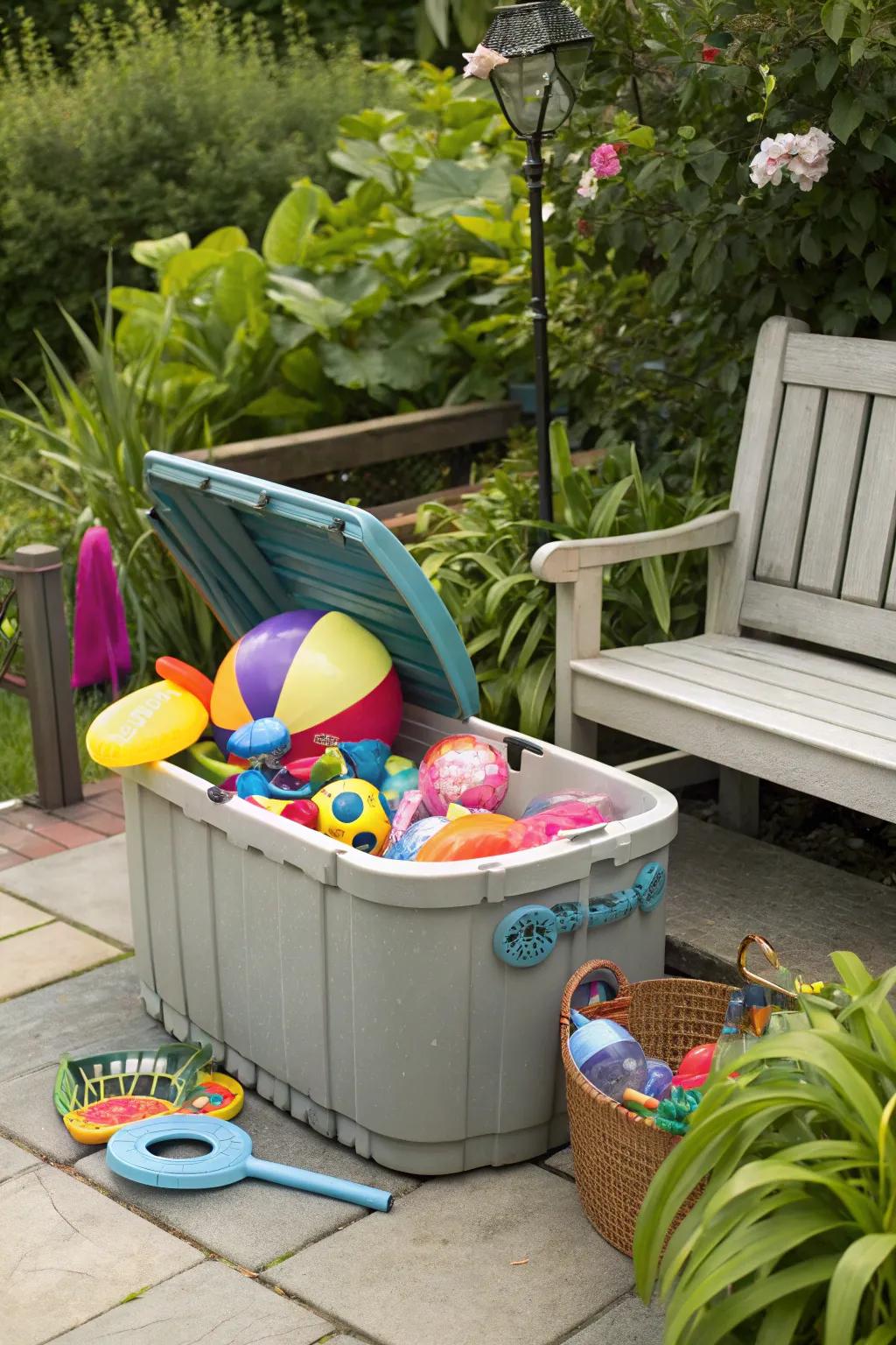 Toy bins maintain order among bulky pool items.