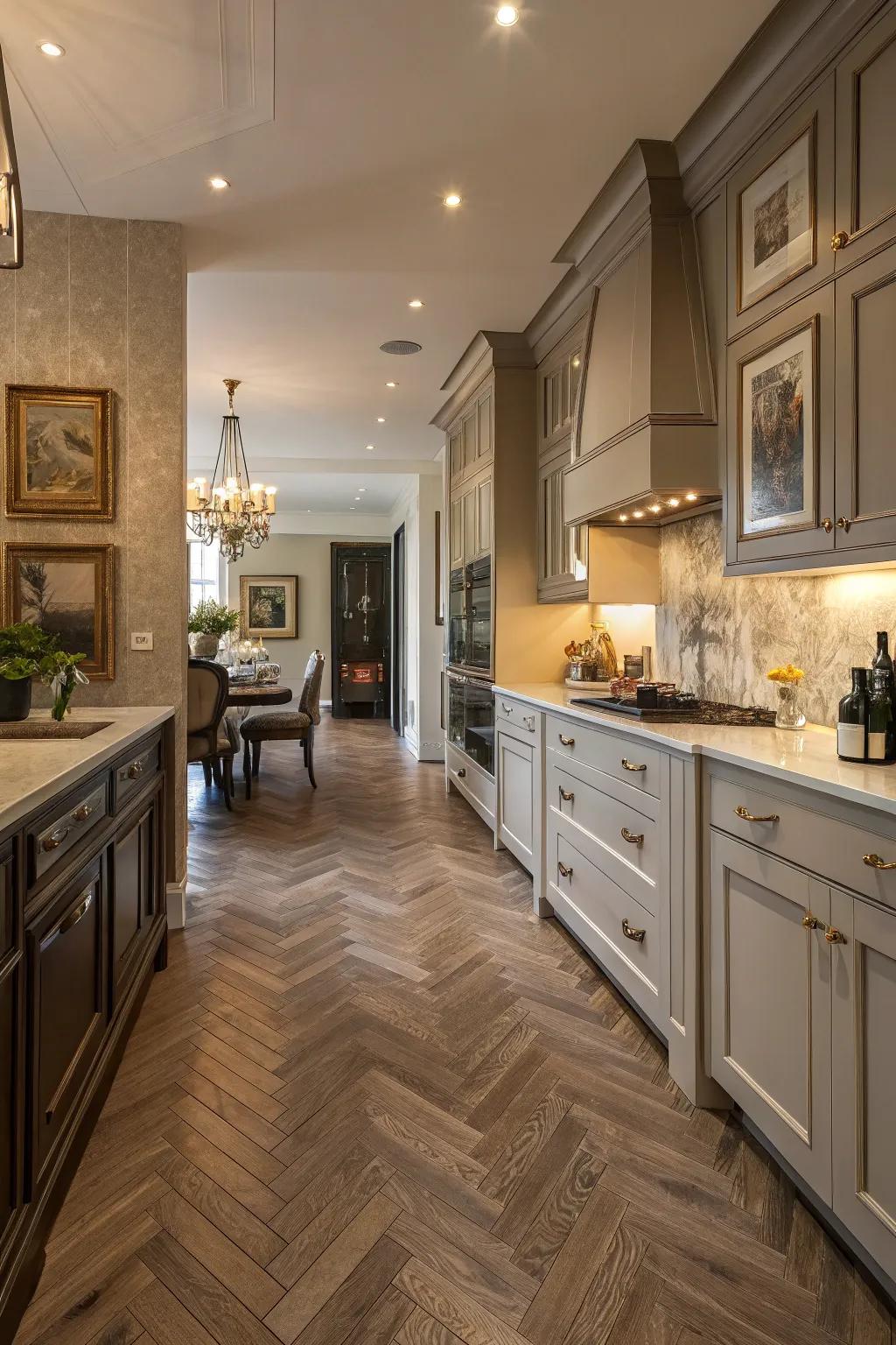 Herringbone floors provide sophistication and captivating visual appeal.