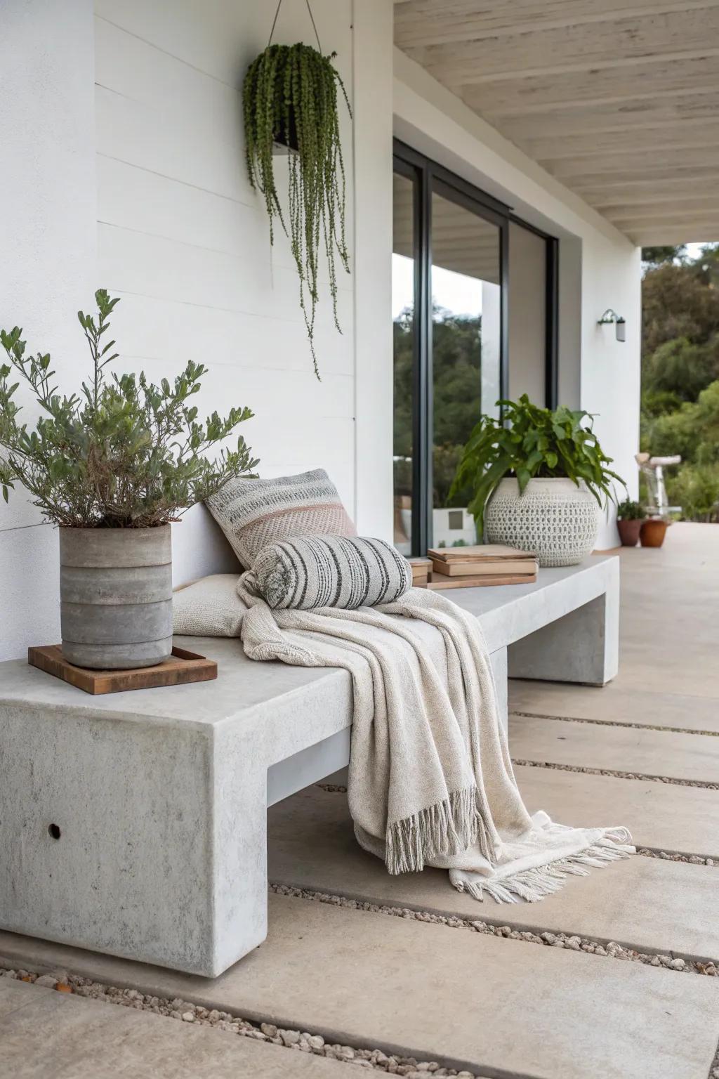 A concrete bench introduces modern minimalism to the porch.