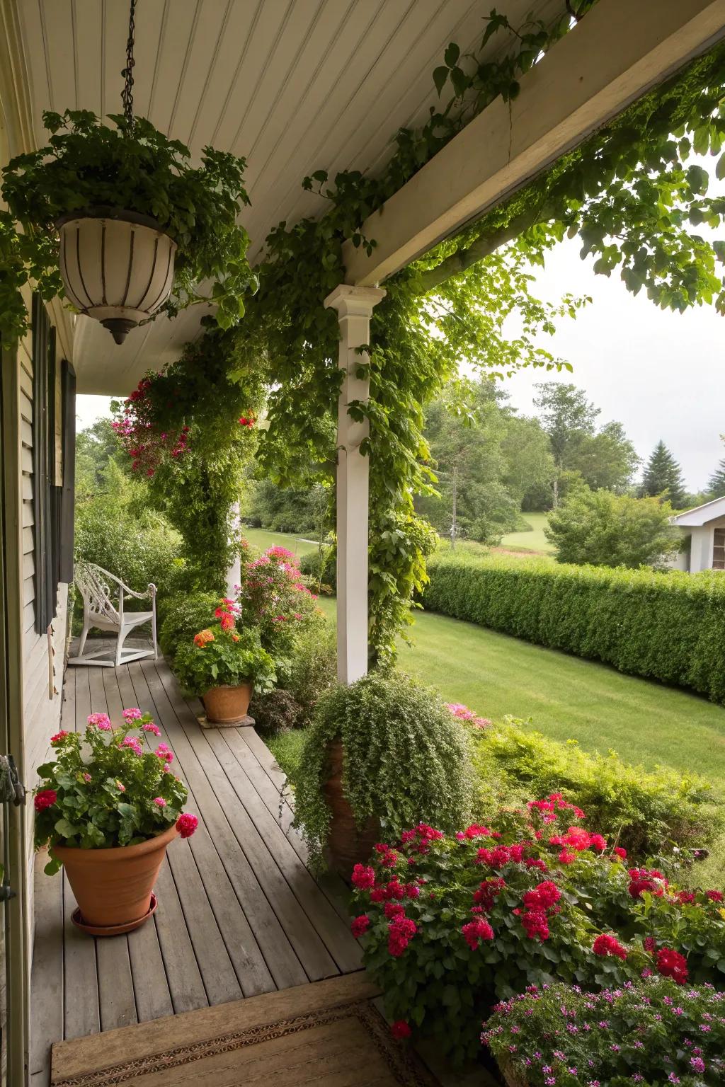 A porch addition featuring vibrant plants and greenery.