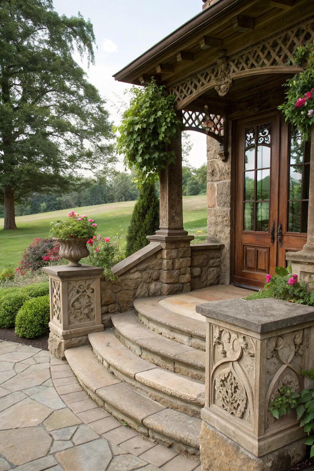 Traditional elegance through masonry and steps.