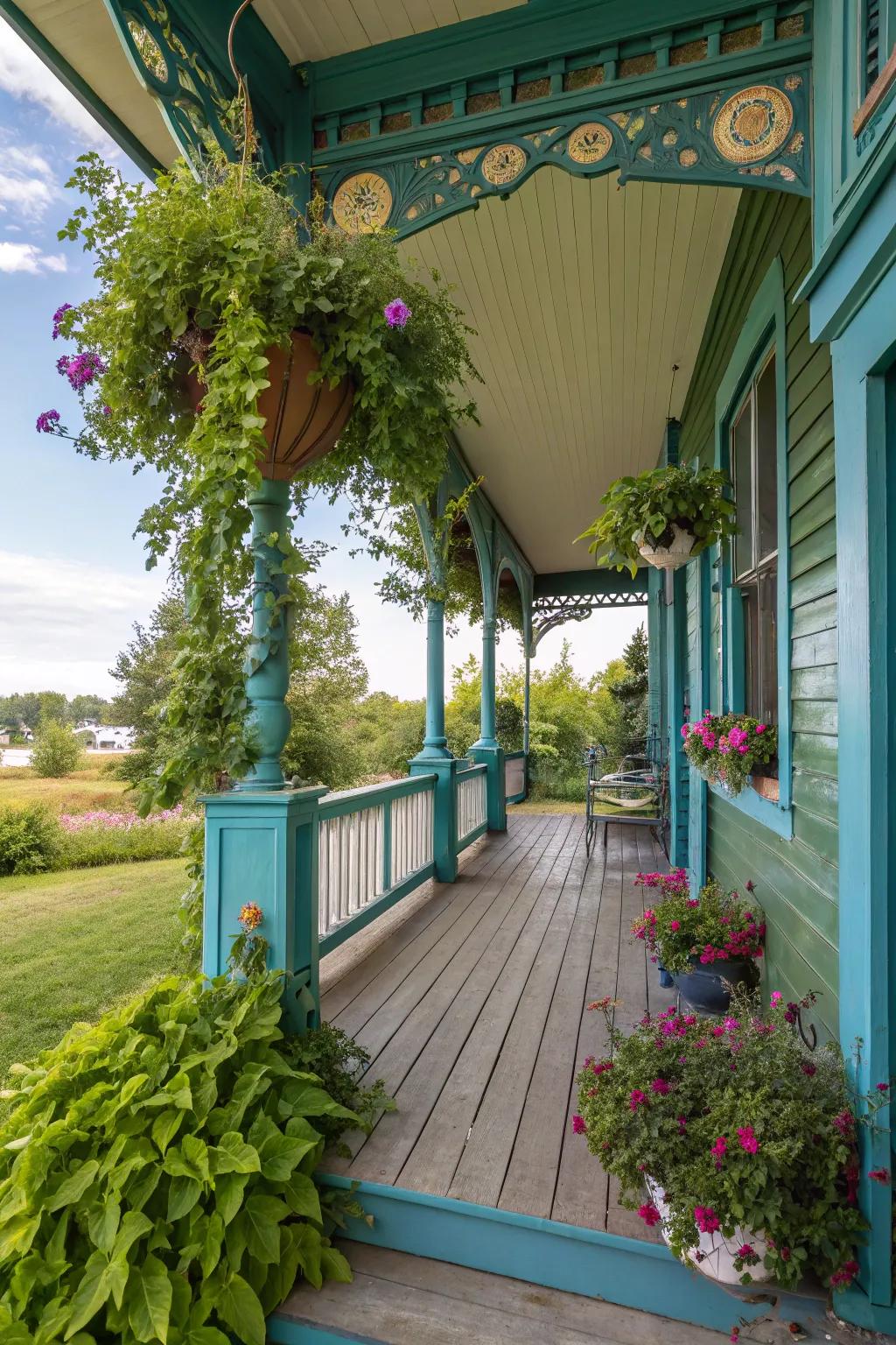A nature-themed porch that feels equally calm and inviting.
