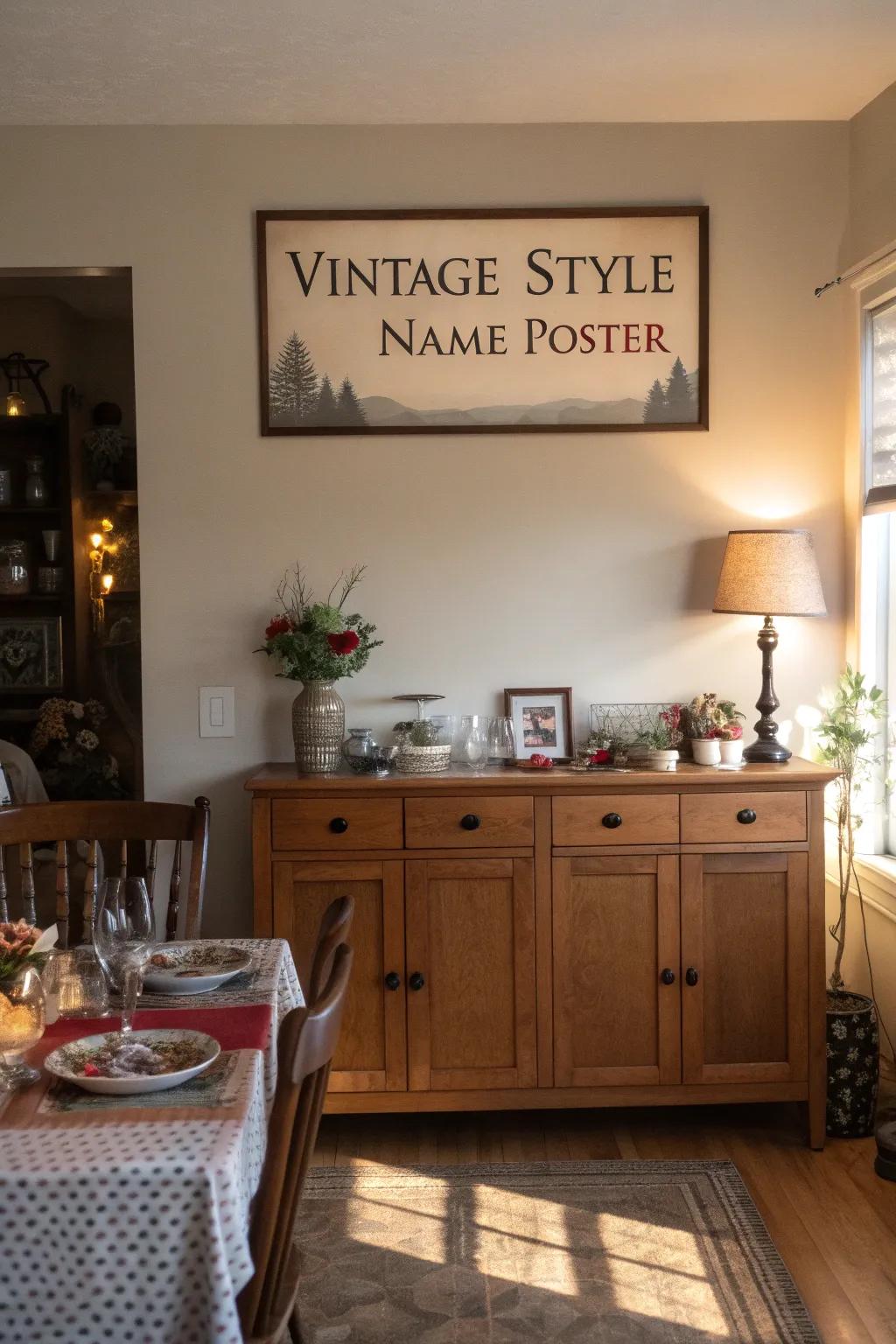A vintage name poster adding nostalgic charm and character to a dining room.