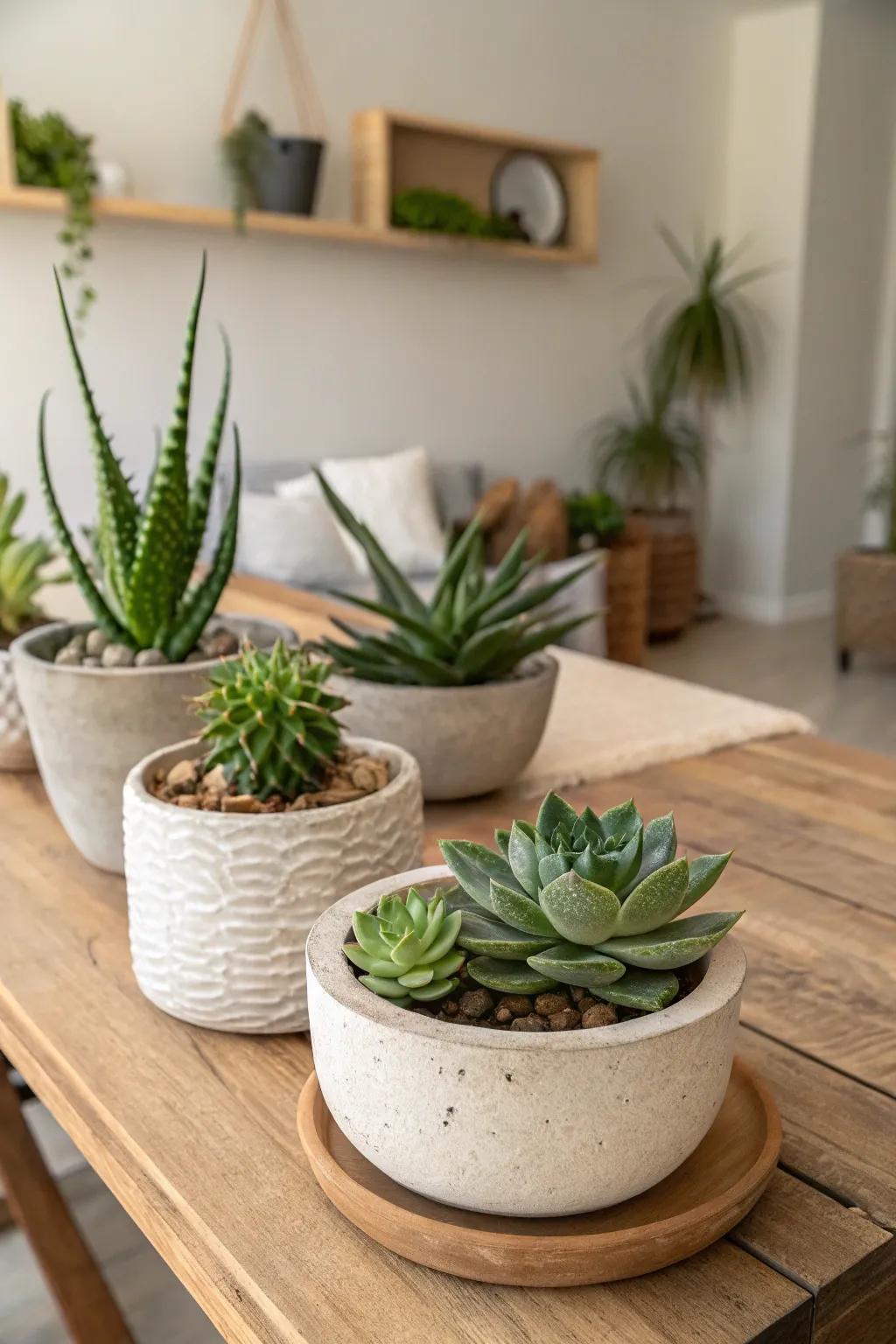 Pottery used as planters with succulents for a natural touch.