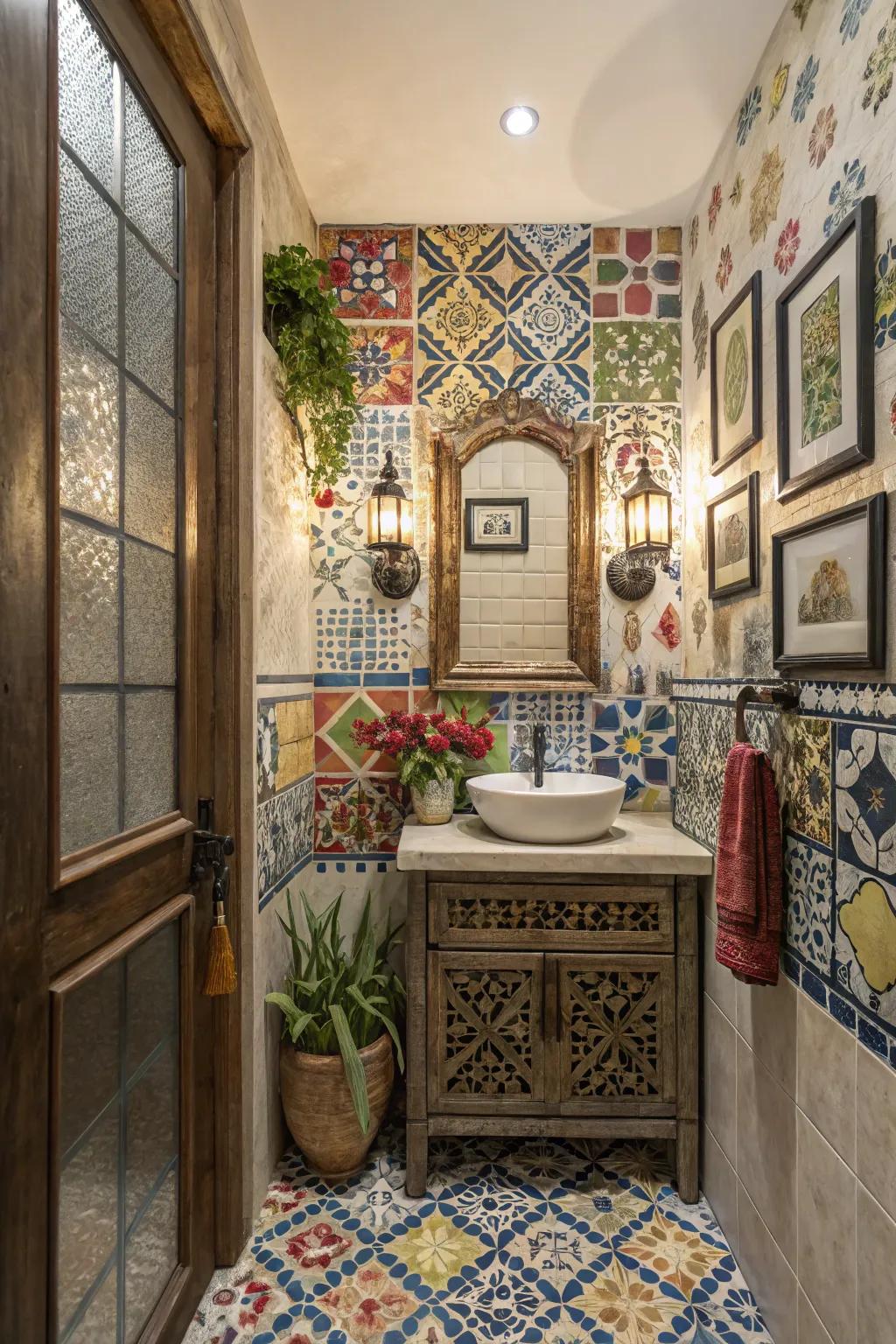 Mixing tile styles and shades adds a playful vibe to your powder room.