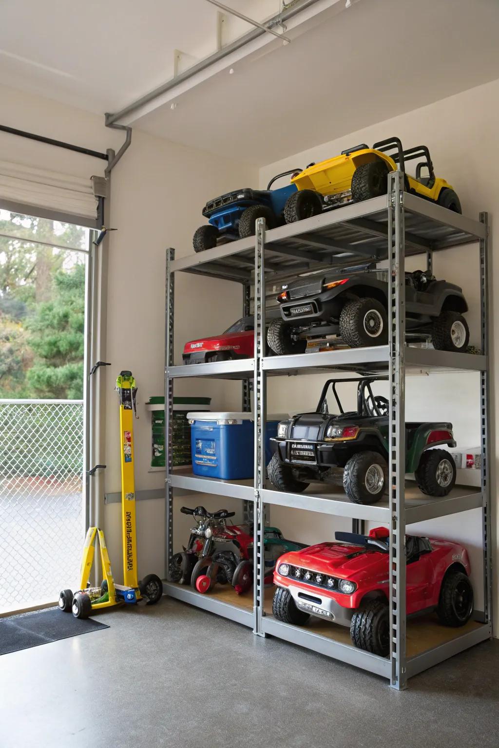 Multi-level organizers maximizing vertical storage for electric ride-on cars.