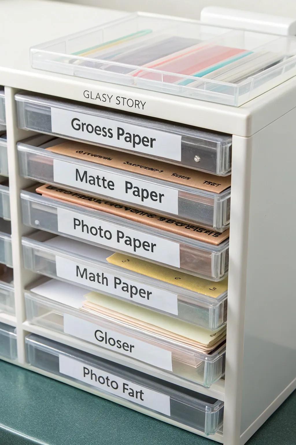 Labeled storage compartments for efficient paper organization.