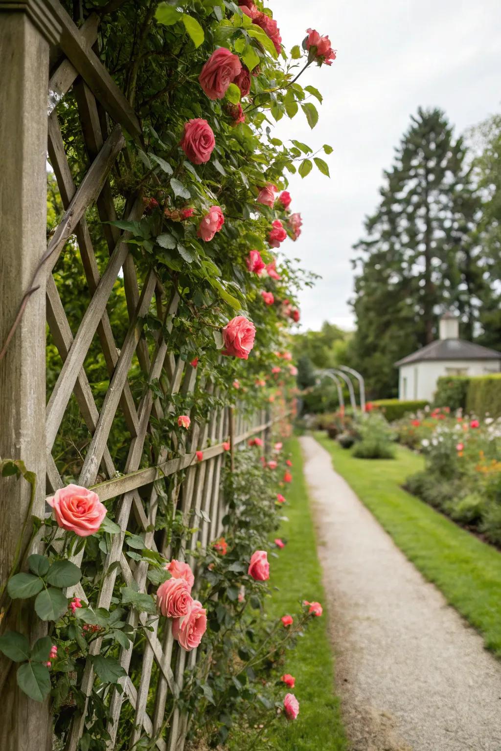 Trellis fences paired with plants create a verdant privacy screen.