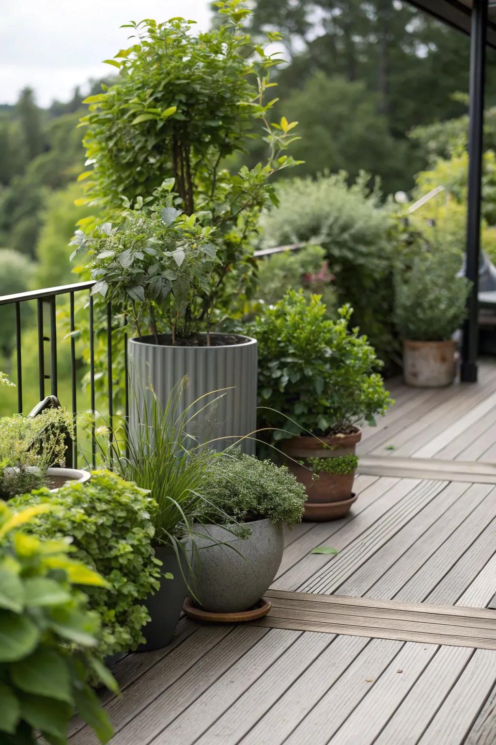 Strategically arranged potted flora crafts a secluded deck corner.