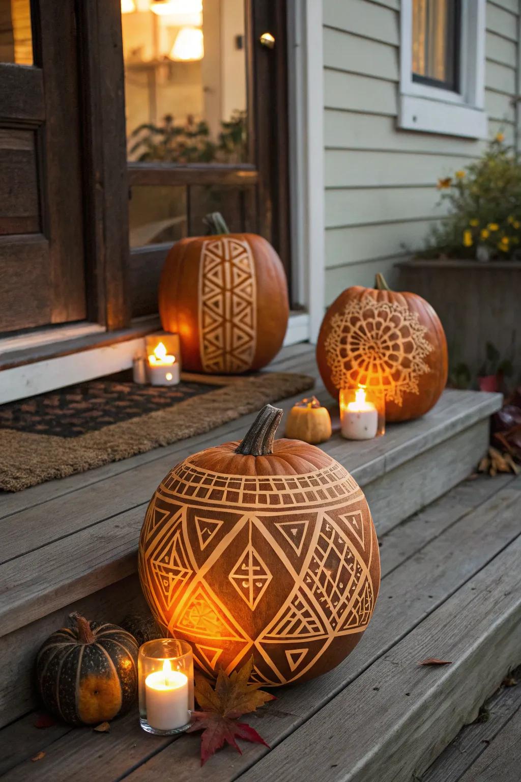 Intricately carved pumpkins with glowing designs.