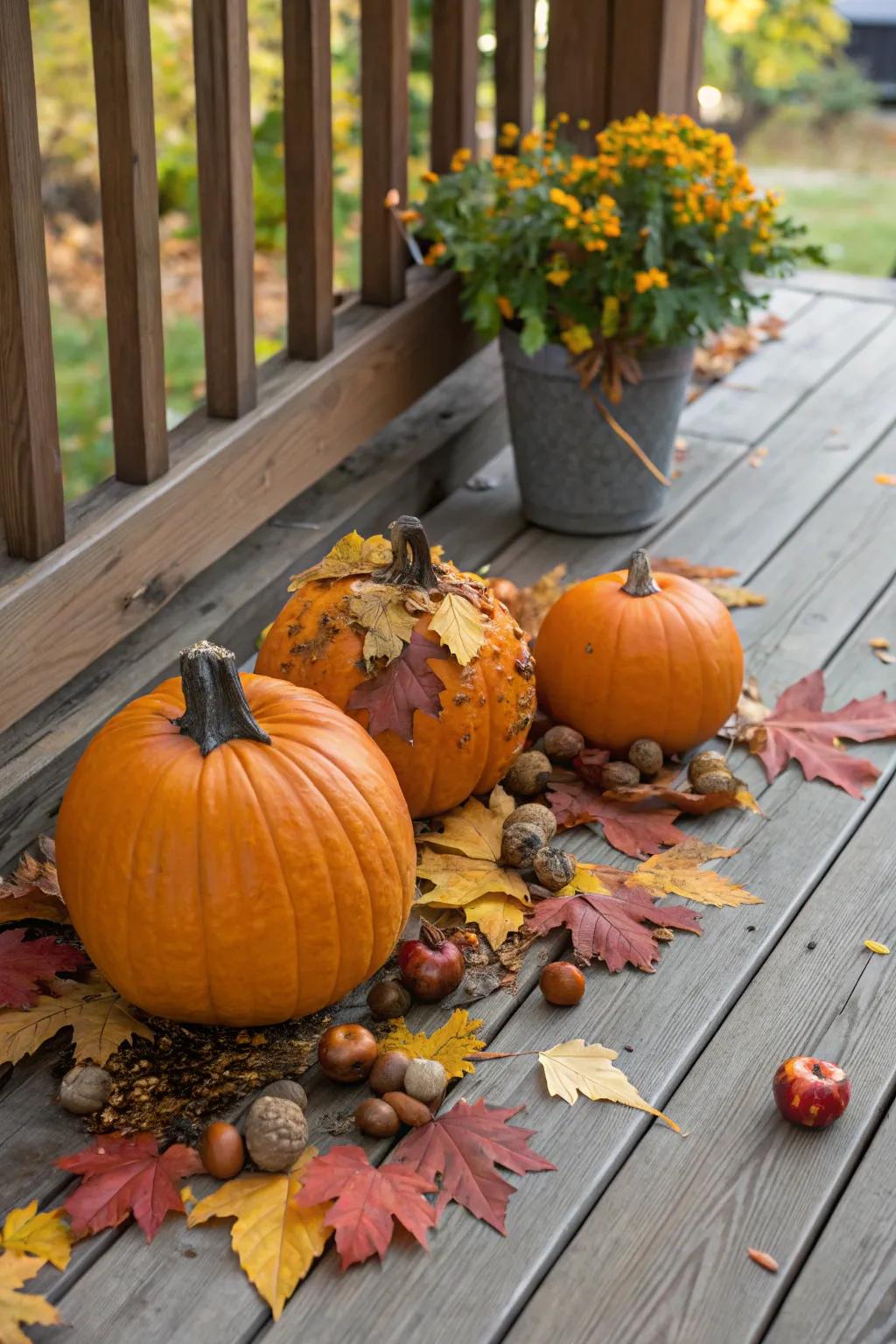 Pumpkins decorated with natural leaves and acorns.