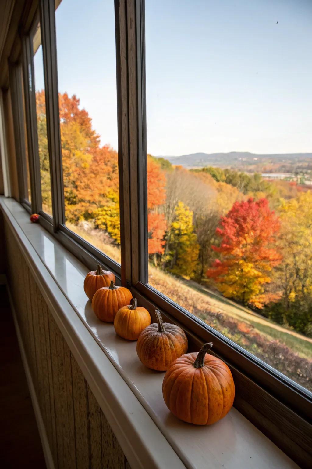 A charming window sill embellished with small pumpkins.