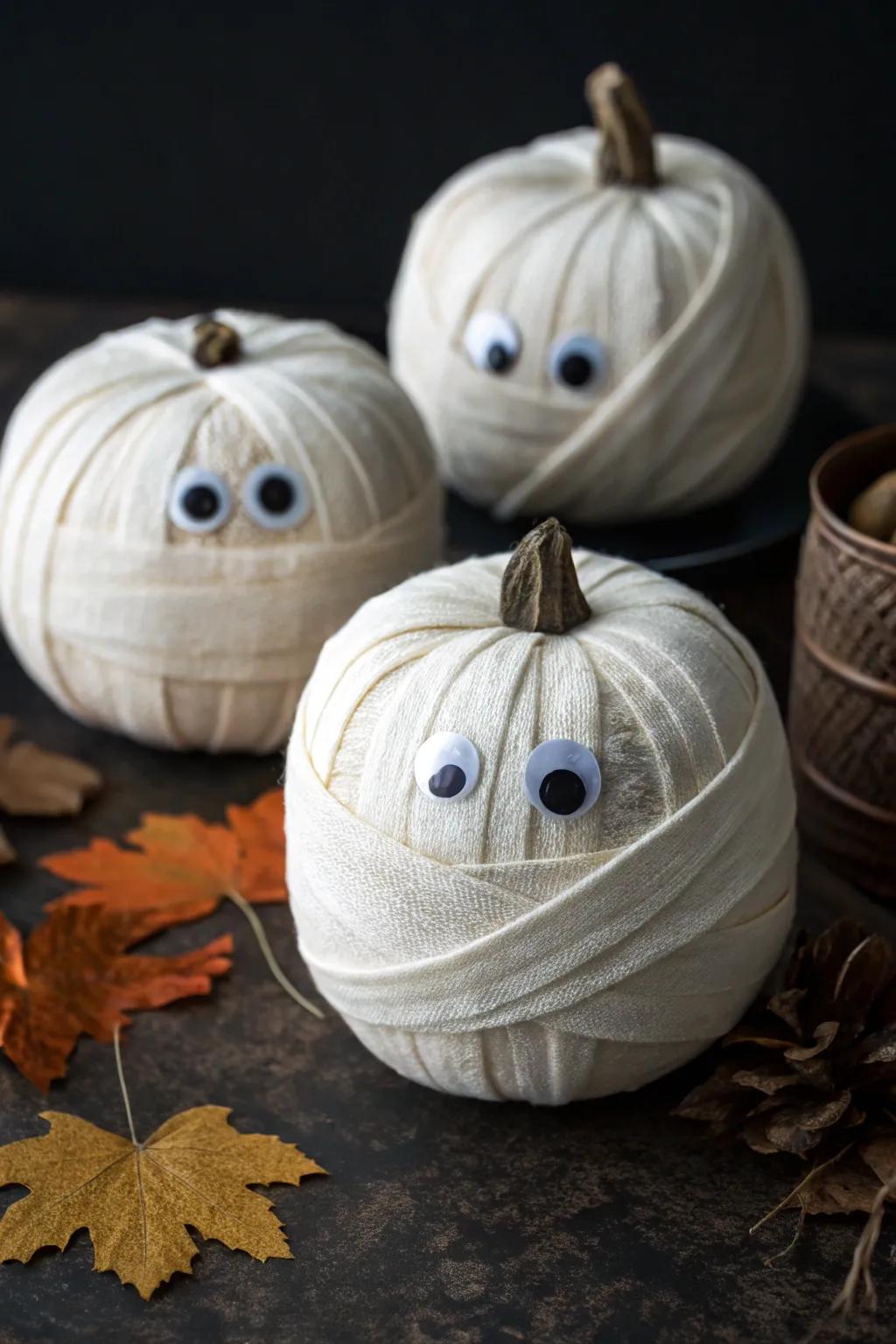 Mummy pumpkins provide an entertaining, no-carve decorating solution.