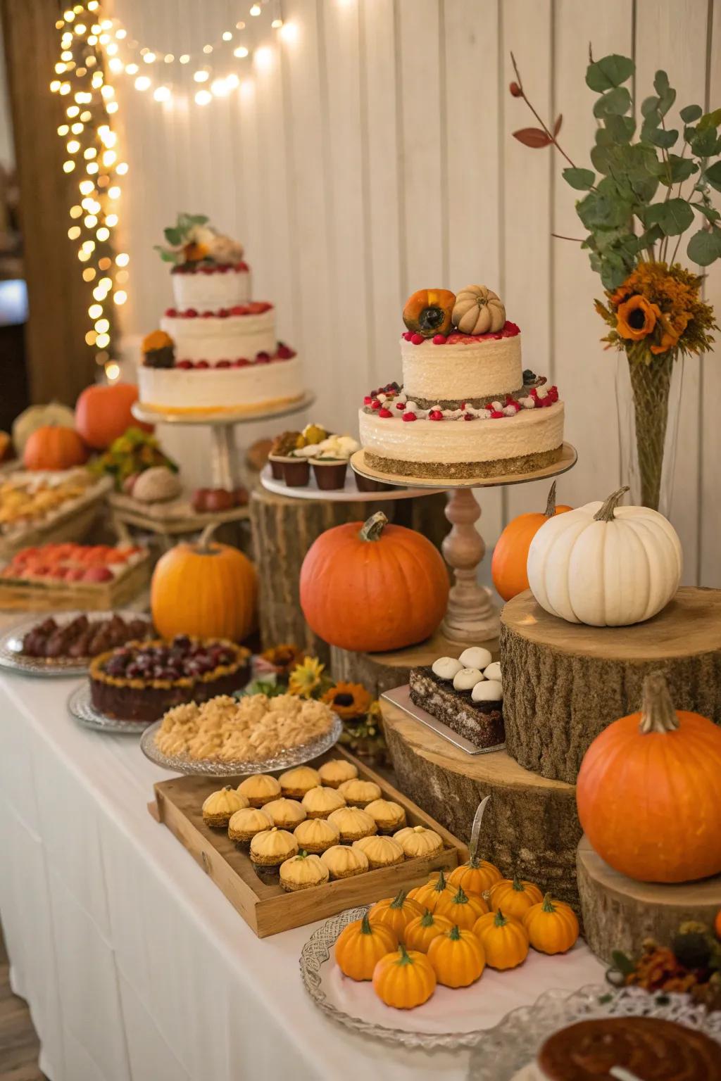 A dessert table adorned with charming squash decorations.