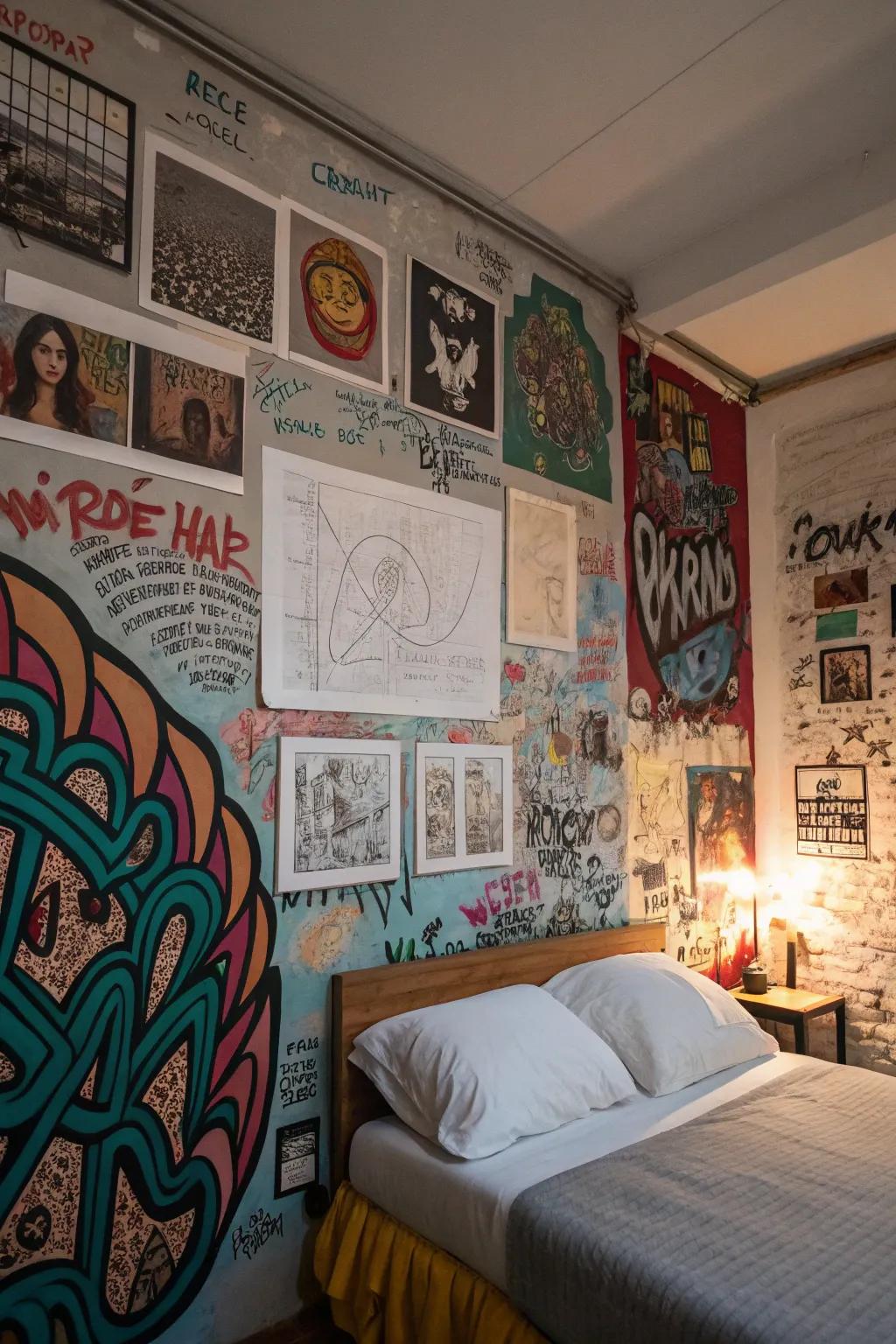 Express your creativity with wall graffiti and hand-drawn art.