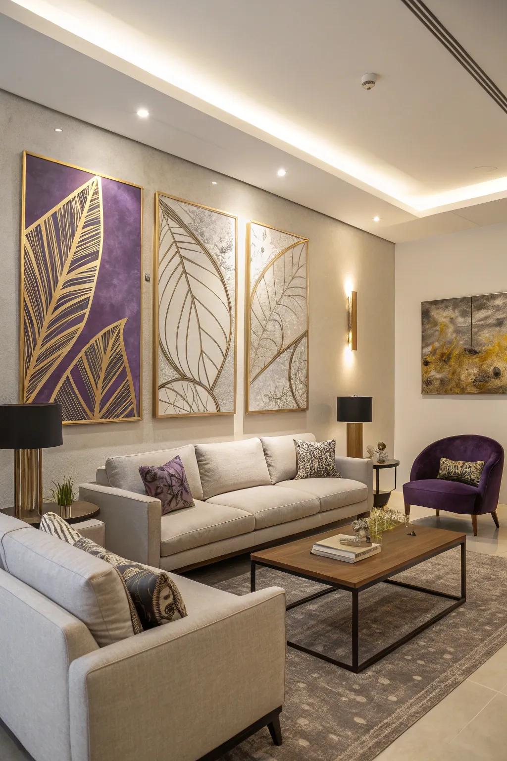Abstract artwork in purple and gold ties the room together.