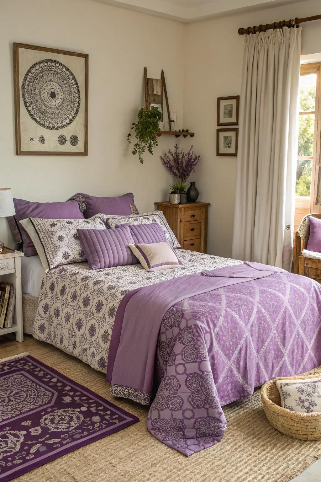 Mixing patterns in purple brings vibrancy and personality.