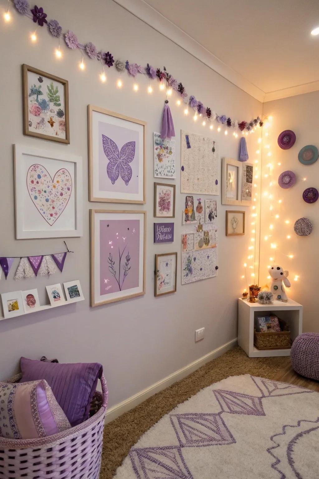 Purple-inspired wall decor adds character to the space.