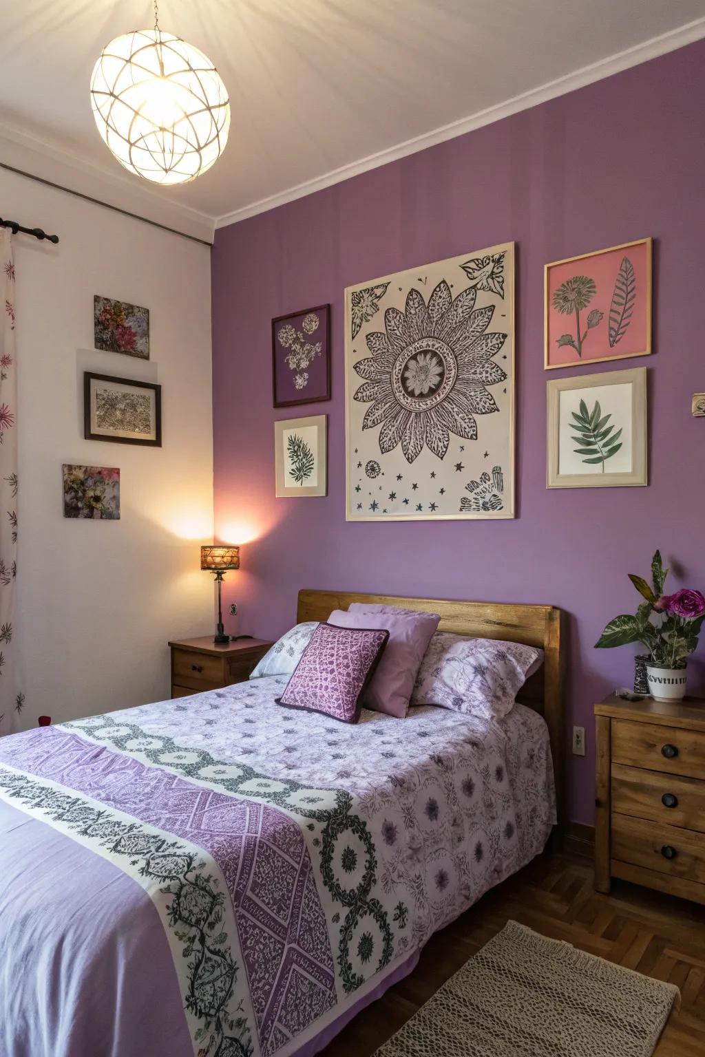 Ornamental art pieces adding character to purple walls.