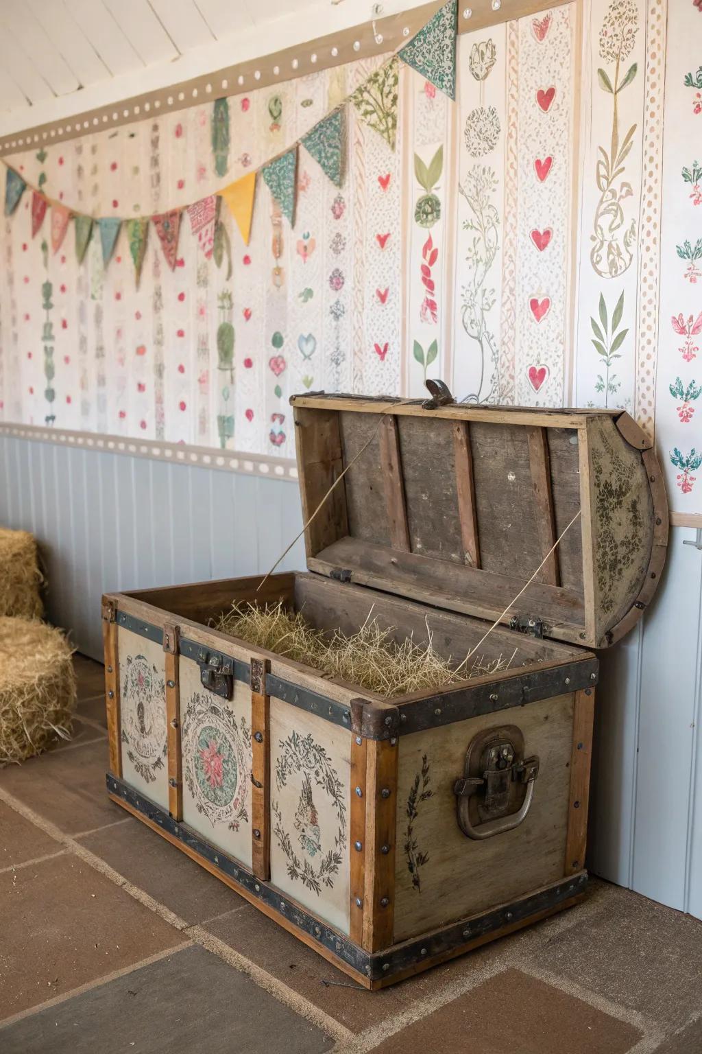 A vintage trunk that works as both storage and a decorative piece.