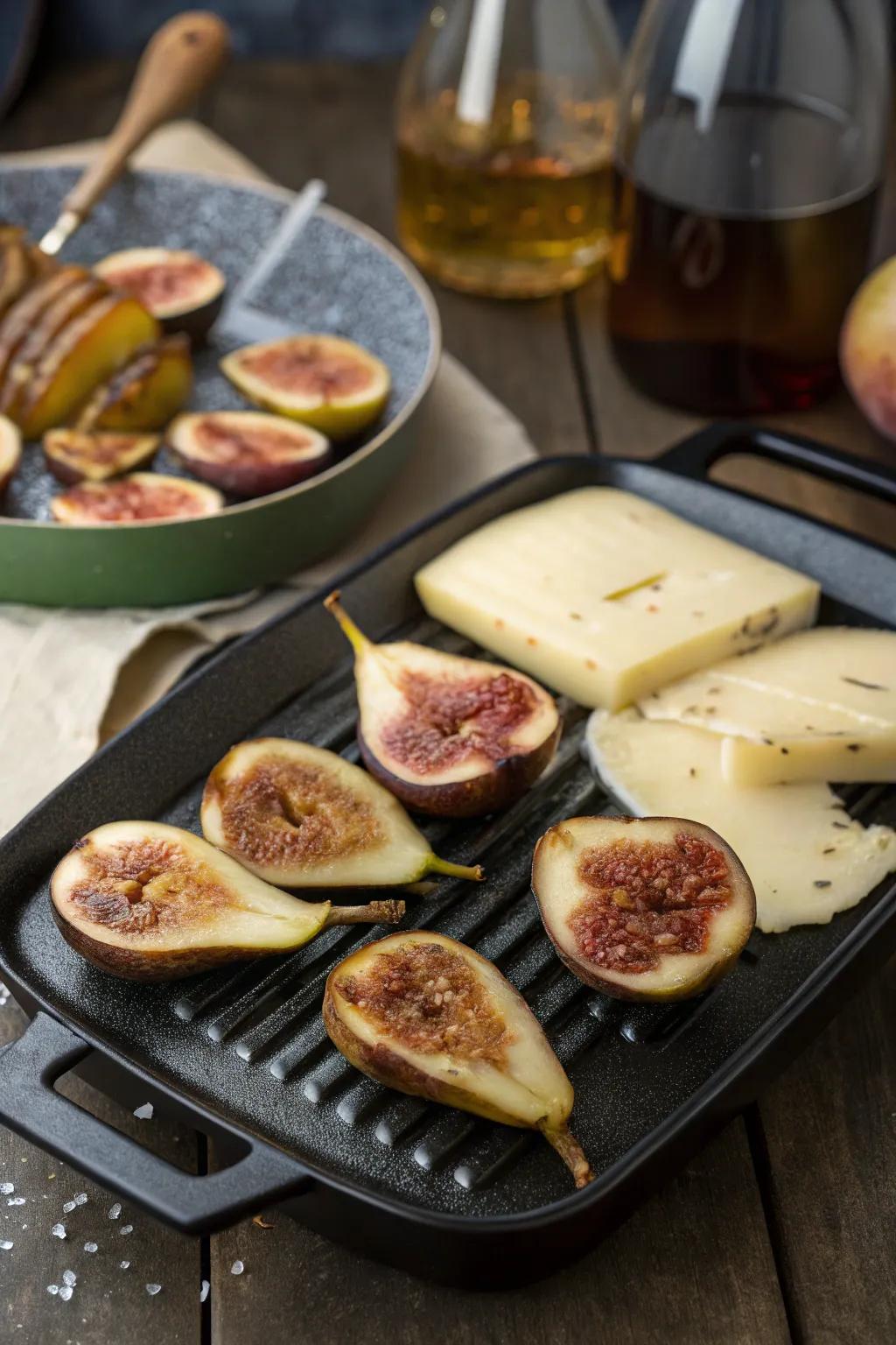 Fruits add a sweet contrast to the savory raclette setup.