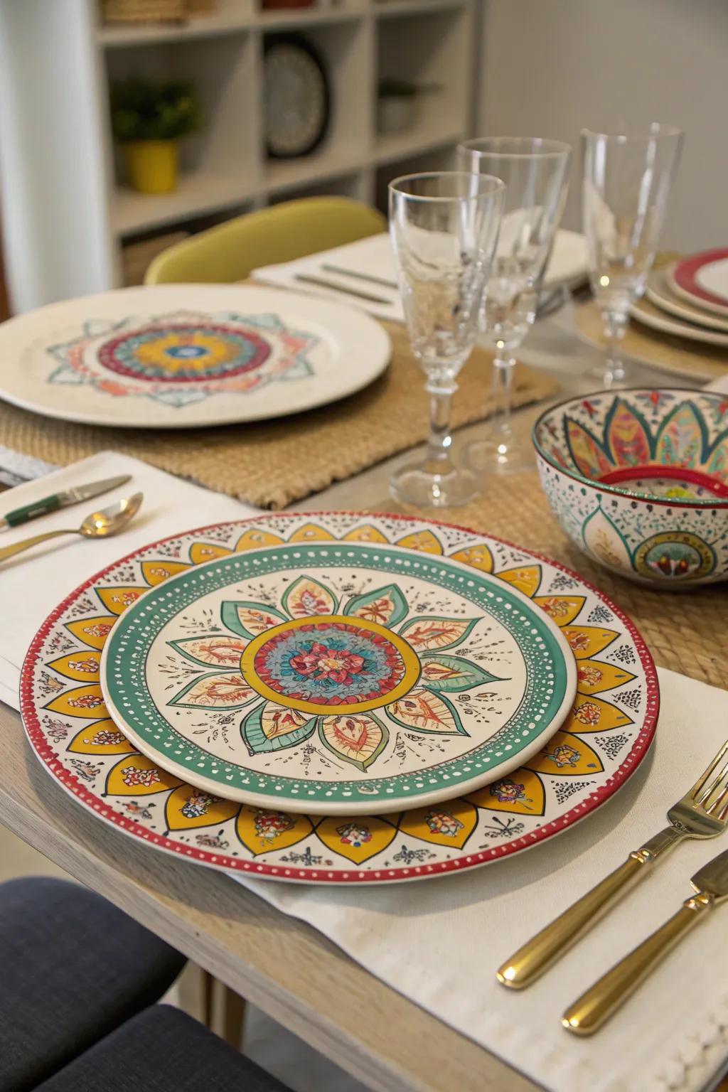 A table setting that showcases plates and tableware inspired by mandalas.