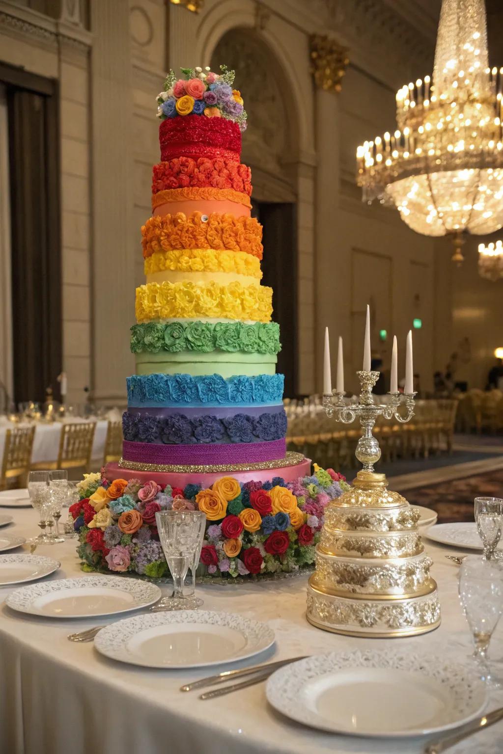 A multi-tiered color spectrum confection establishes a captivating centerpiece.