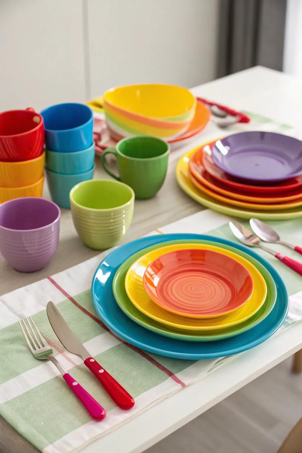 A playful table arrangement showcasing vibrant spectrum tableware.