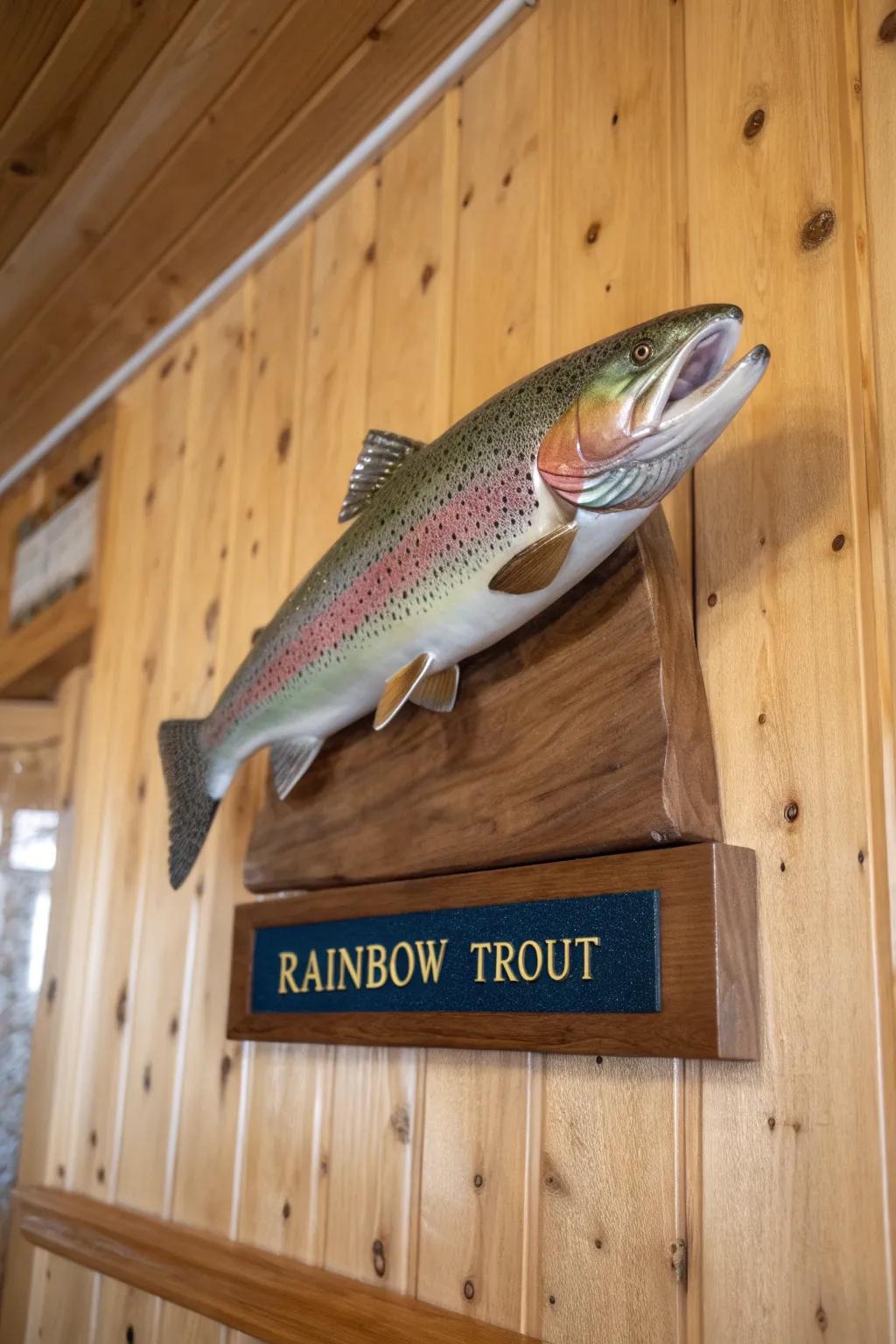 An engraved plate personalizes the rainbow trout mount with special memories.