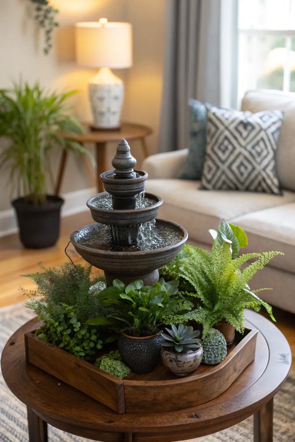 Add a water feature for a soothing rainforest ambiance.