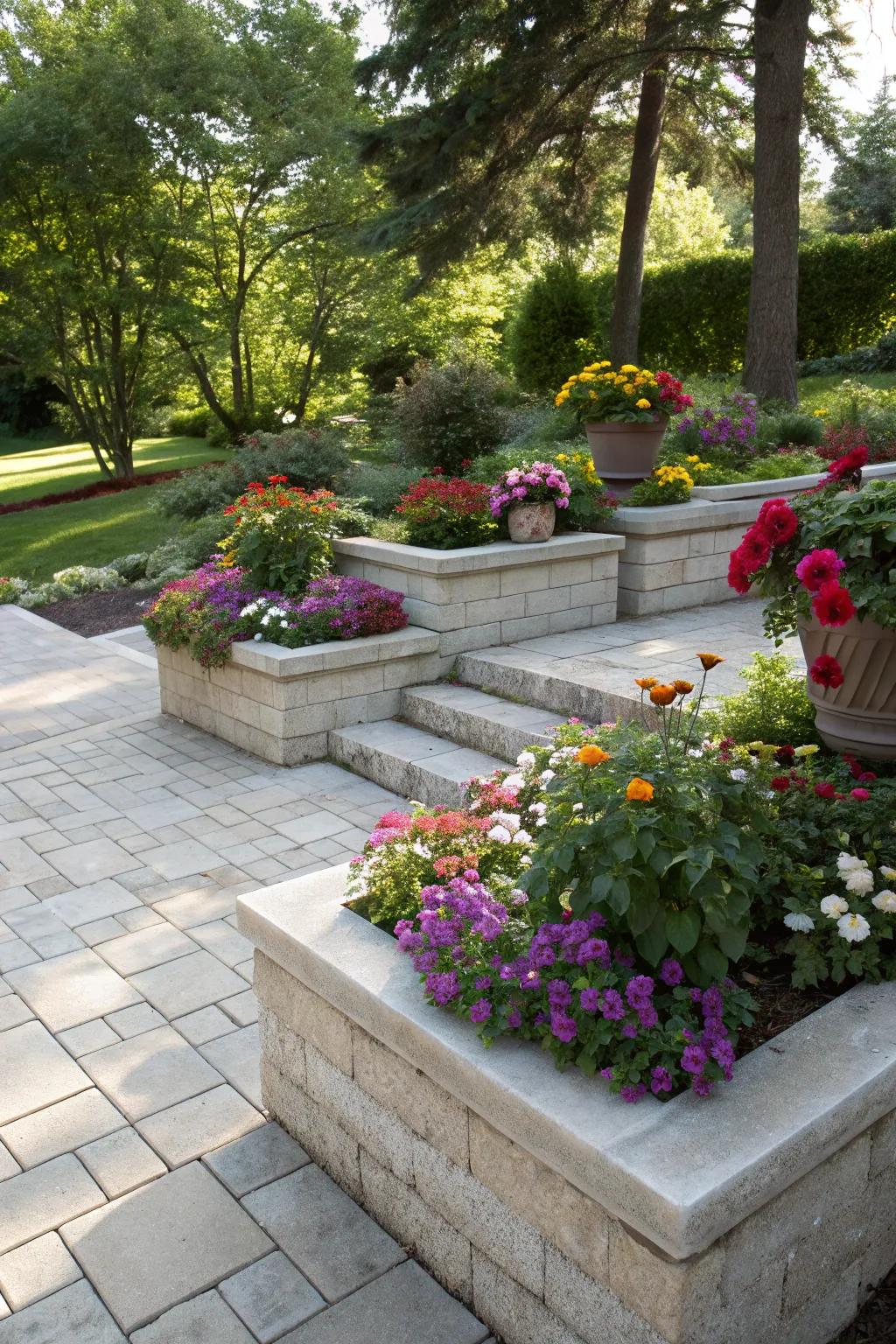 Planters integrate greenery directly into the patio design.