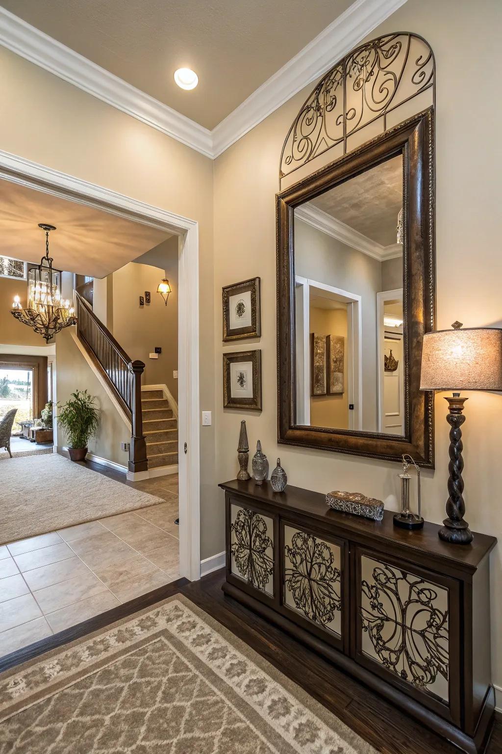 Wall art and mirrors add personality and visual appeal to the entryway.