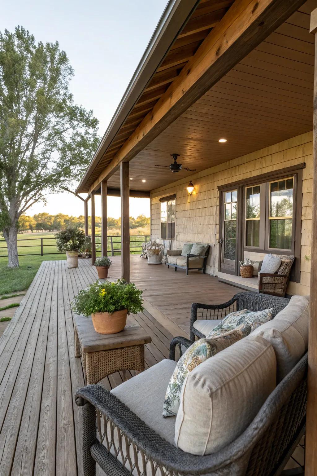 A timber terrace offers a perfect spot for relaxation at this ranch home.