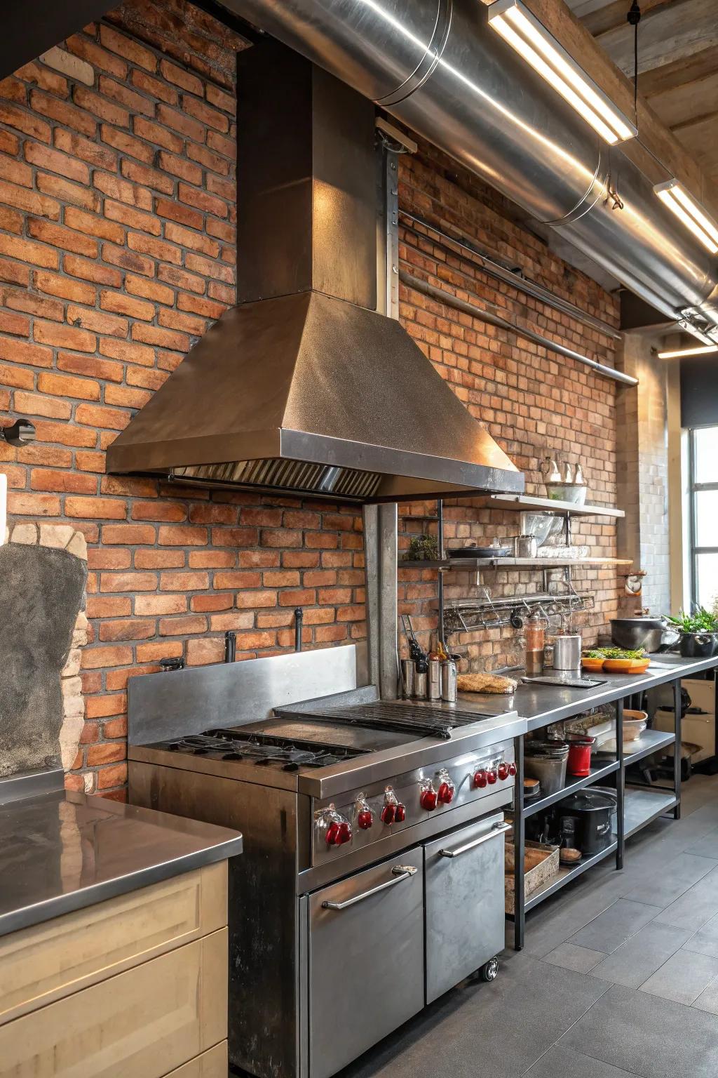 Industrial kitchen featuring a metal range hood and exposed brick for a chic urban vibe.