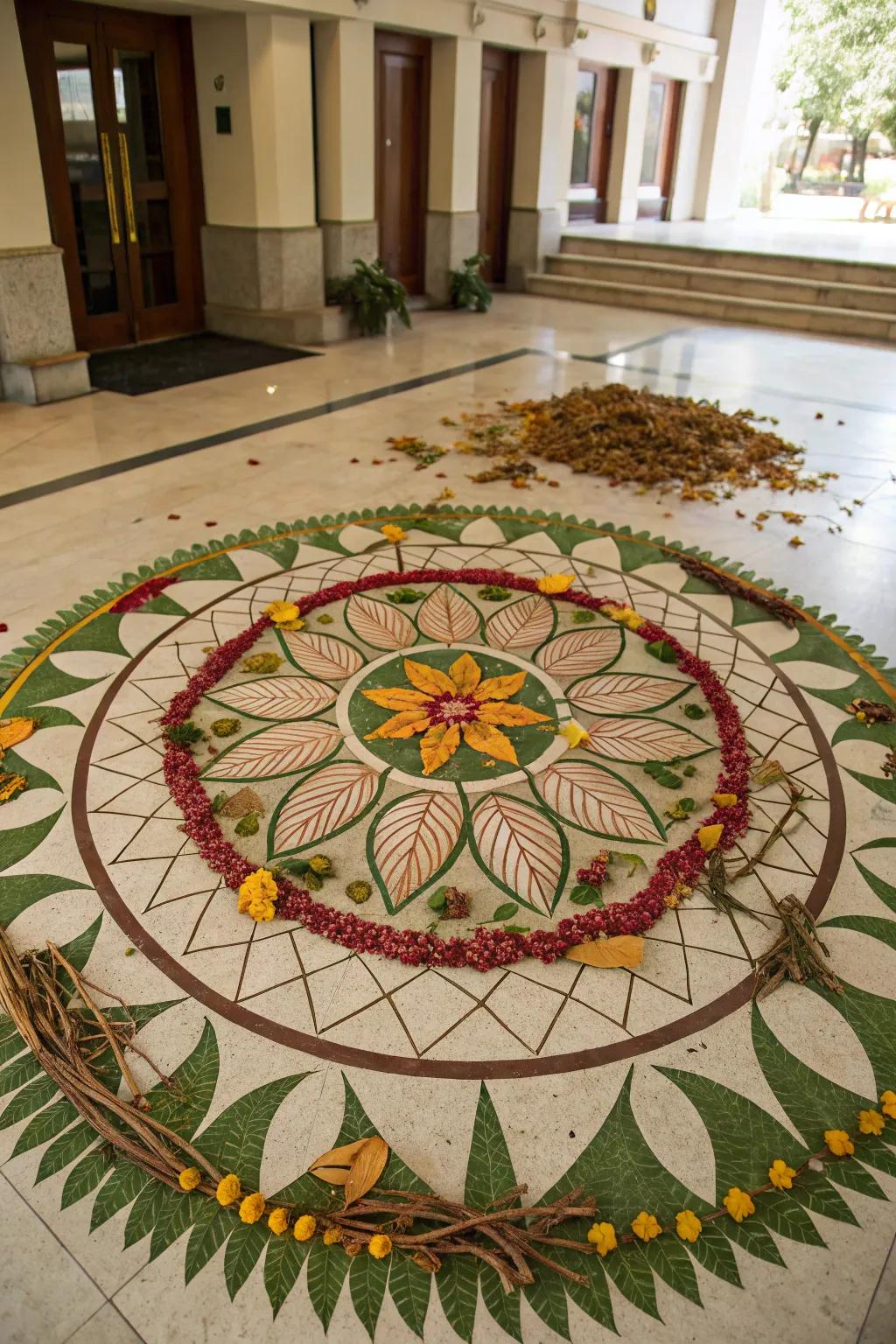 Natural components like leaves add a unique and eco-conscious aspect to this rangoli.