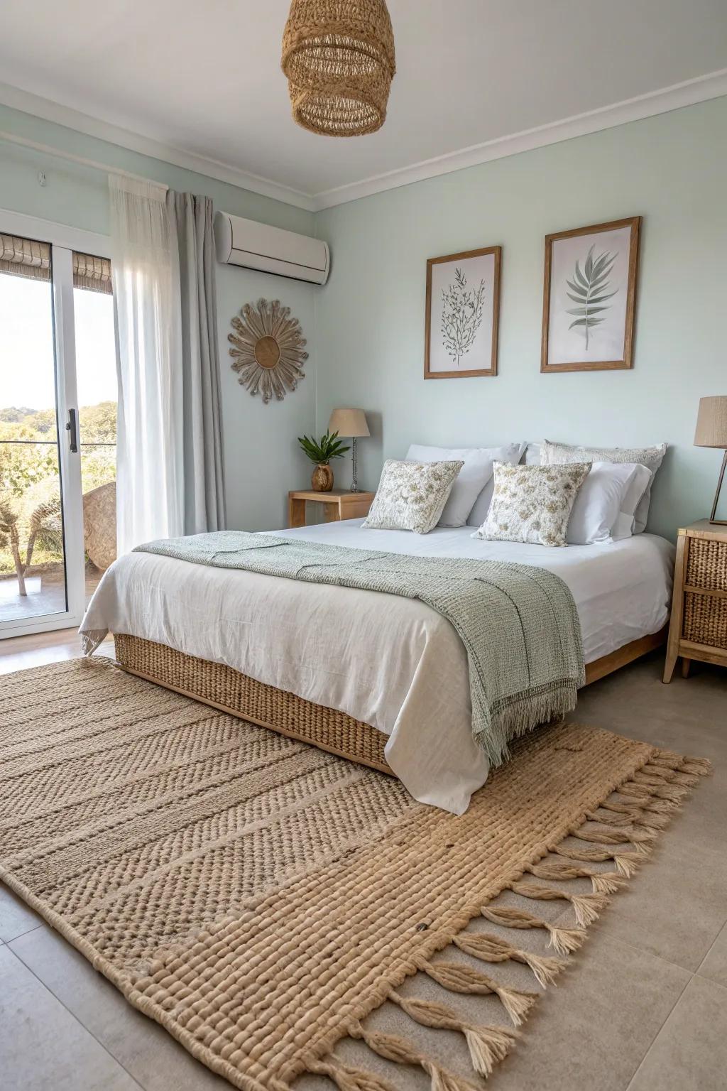 A rattan rug includes texture and heat to your bedroom floor.