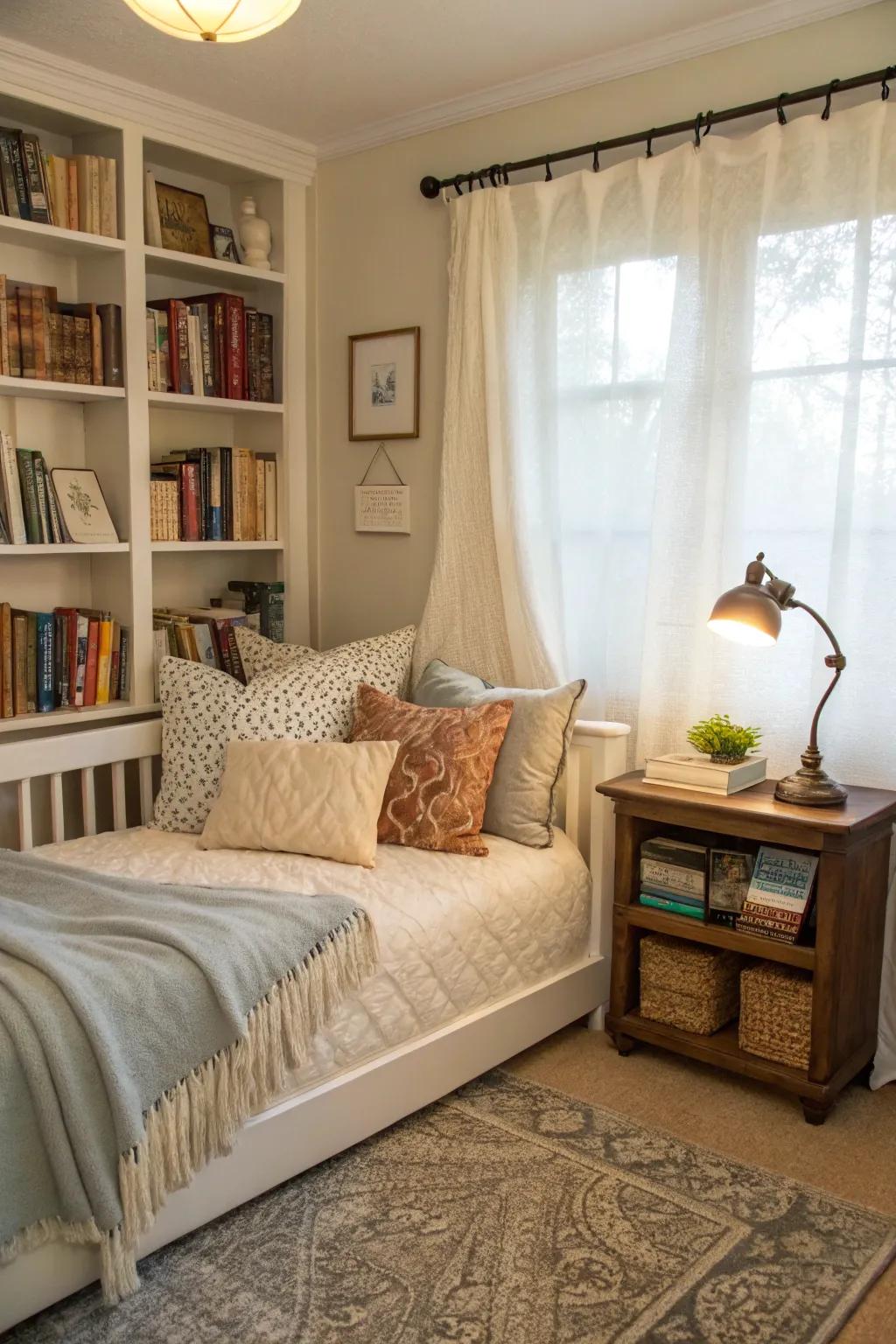 A space that seamlessly transitions between a cozy reading spot and a comfortable guest area.
