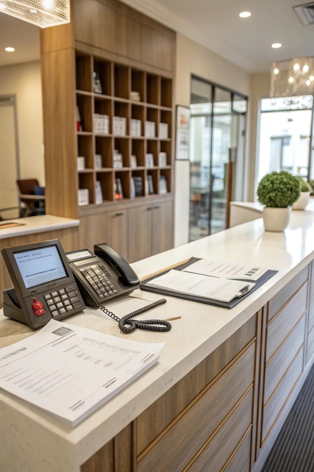 A utilitarian reception table emphasizing organization.