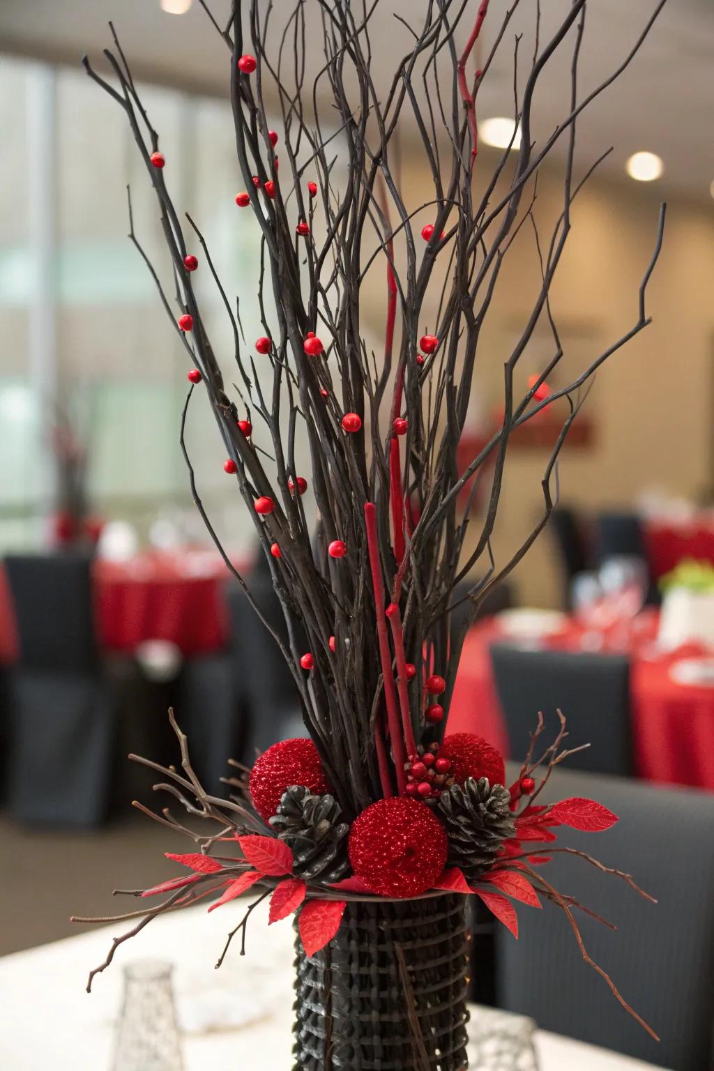 Charcoal branches accented with scarlet highlights construct an artistic plus creative display.