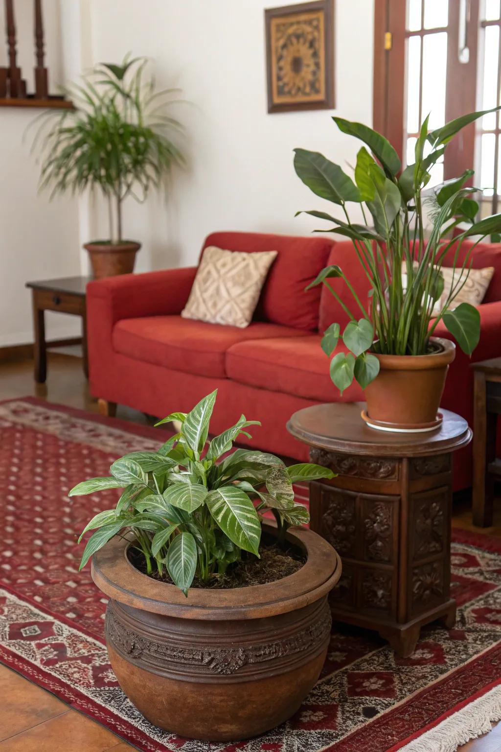 Verdancy adds a refreshing contrast to a crimson and chocolate color scheme.