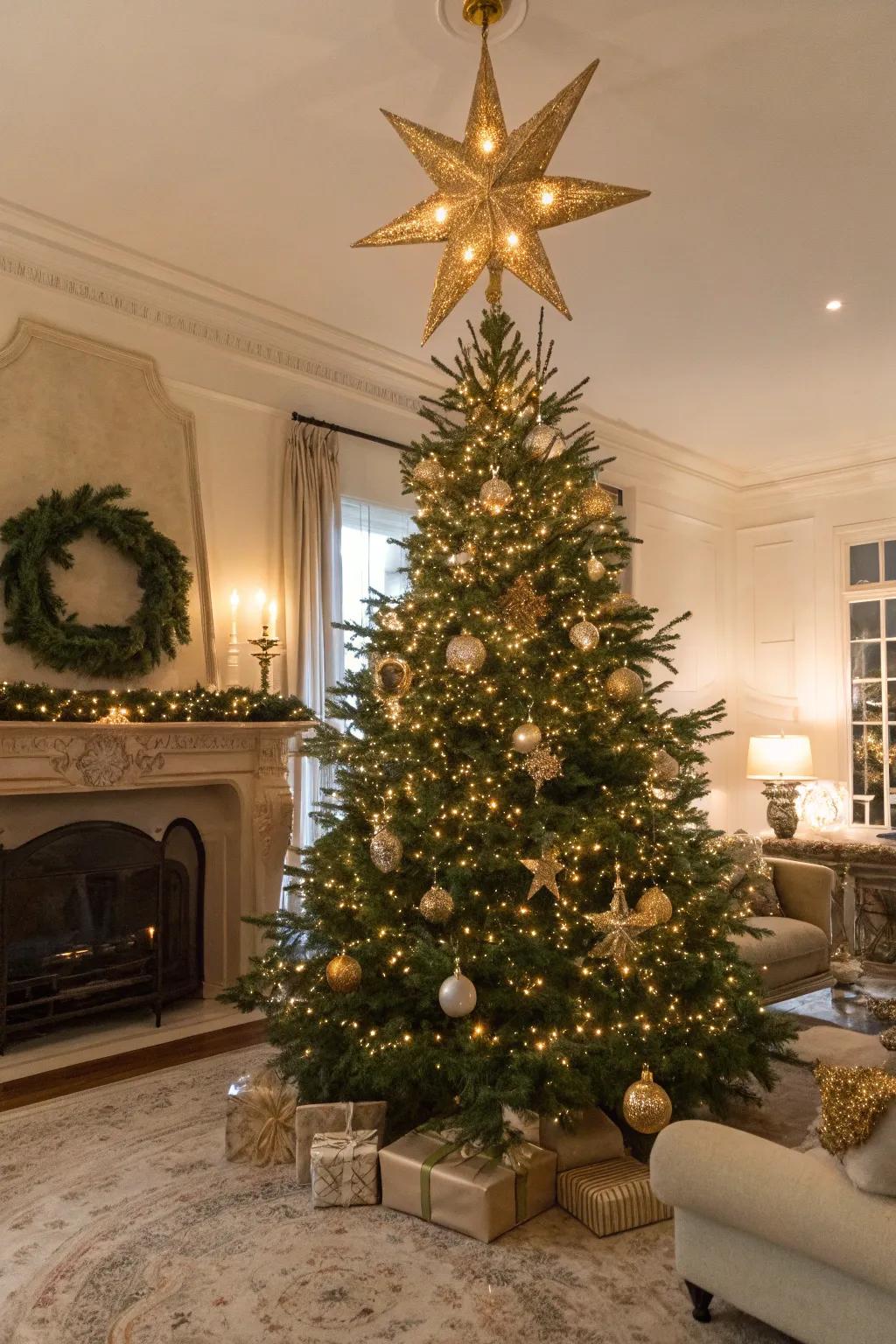 A glamorous tree peak finalizes the festive aesthetic.