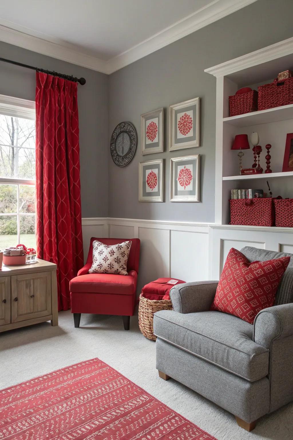 A chamber showcasing an ash bedrock and dynamic scarlet accents.