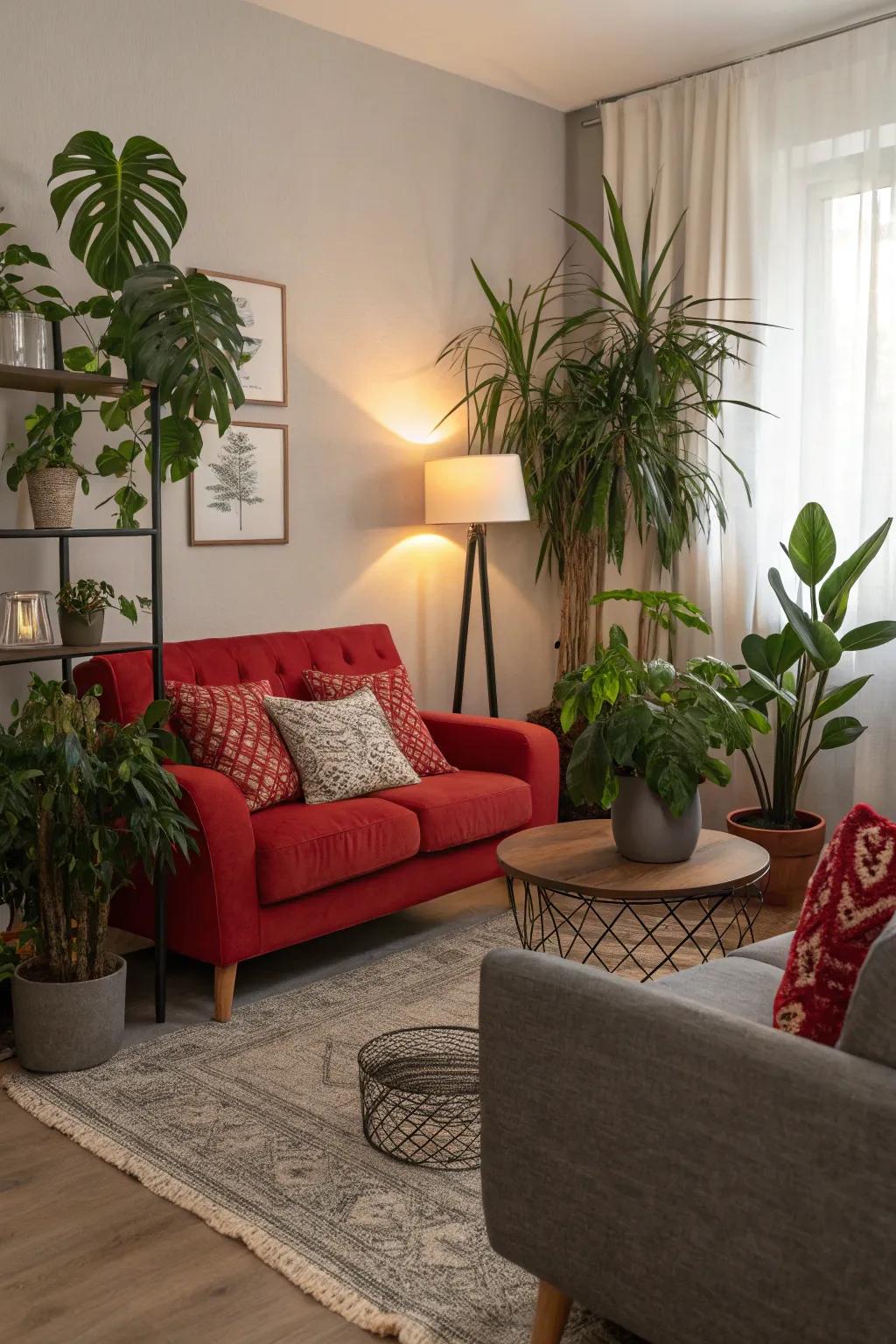 Vegetation introduces a natural contrast to the scarlet and charcoal palette.