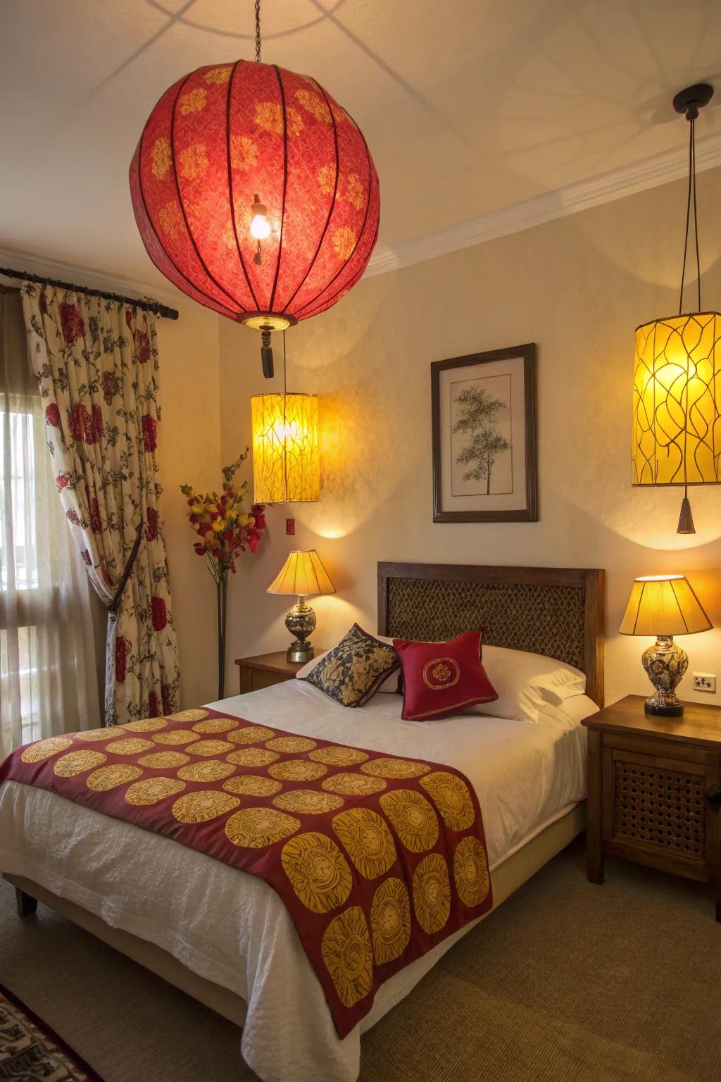 Warm lighting enhances the cozy ambiance in this red and yellow-themed bedroom.