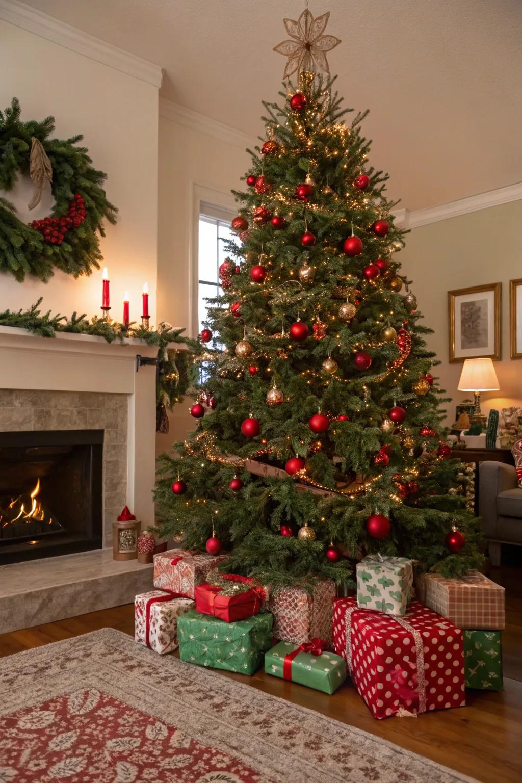 Traditional Christmas tree featuring scarlet and emerald ornaments