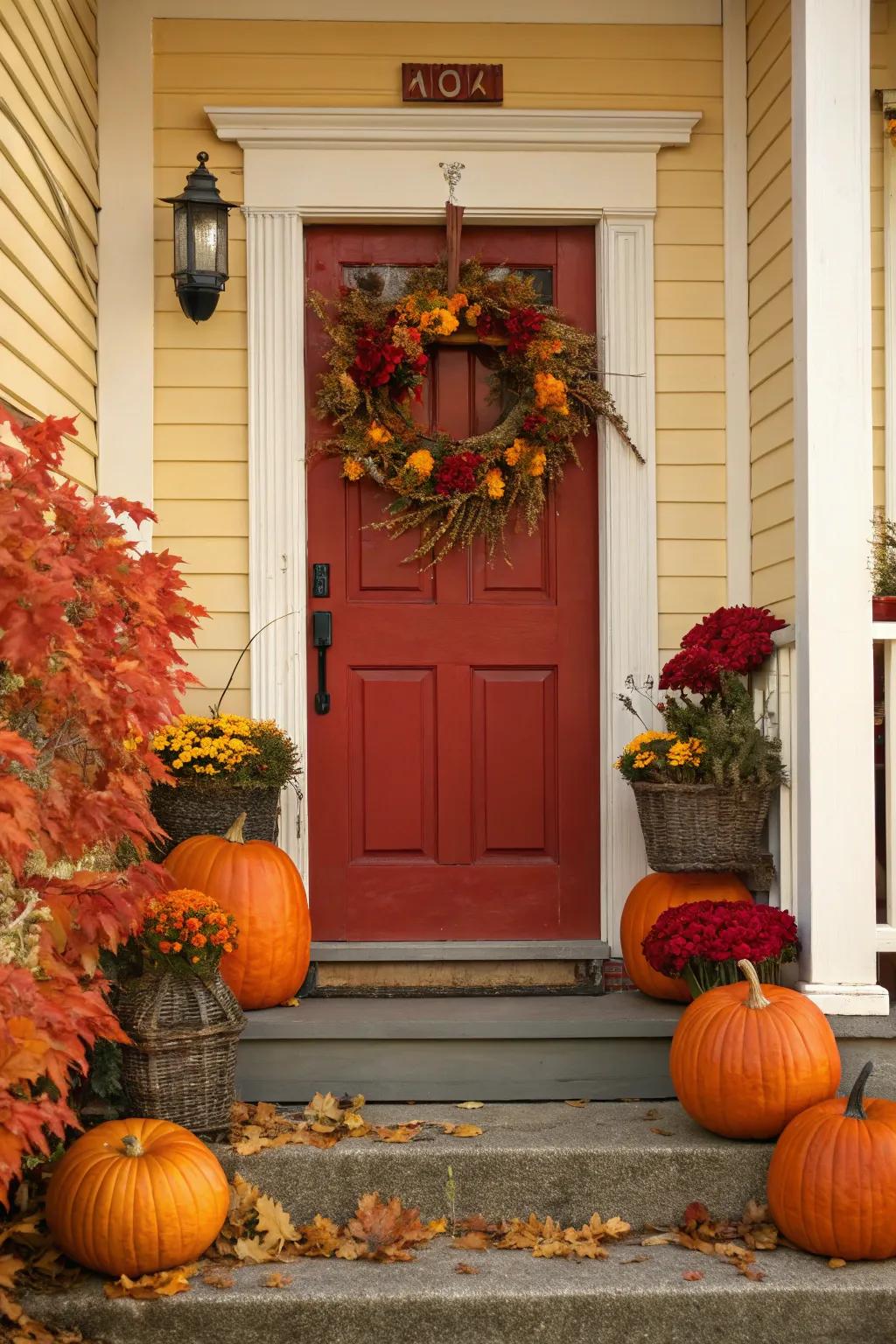 Red door adorned with seasonal autumn decorations.