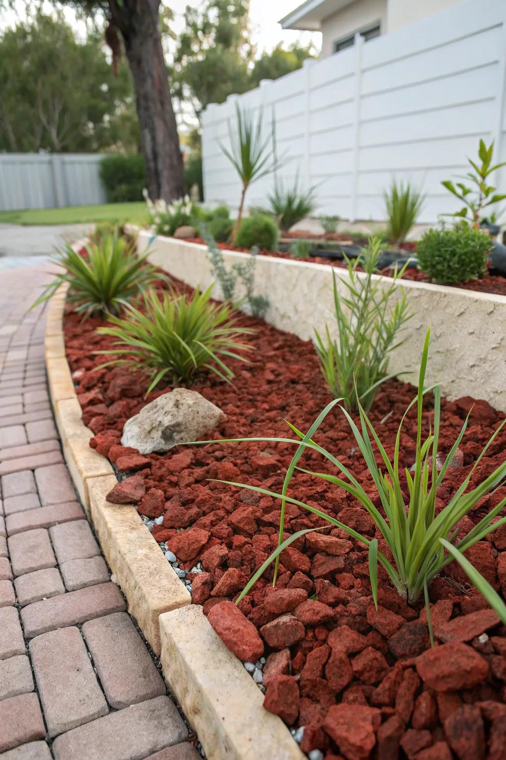 Scarlet igneous stones function as a low-maintenance ground cover, significantly reducing weed presence.