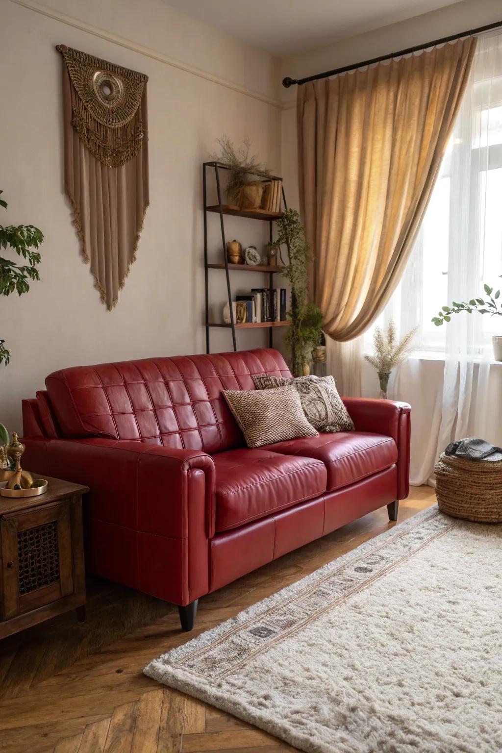 Layering materials imparts dimension and warmth to a living space with a crimson hide lounge.