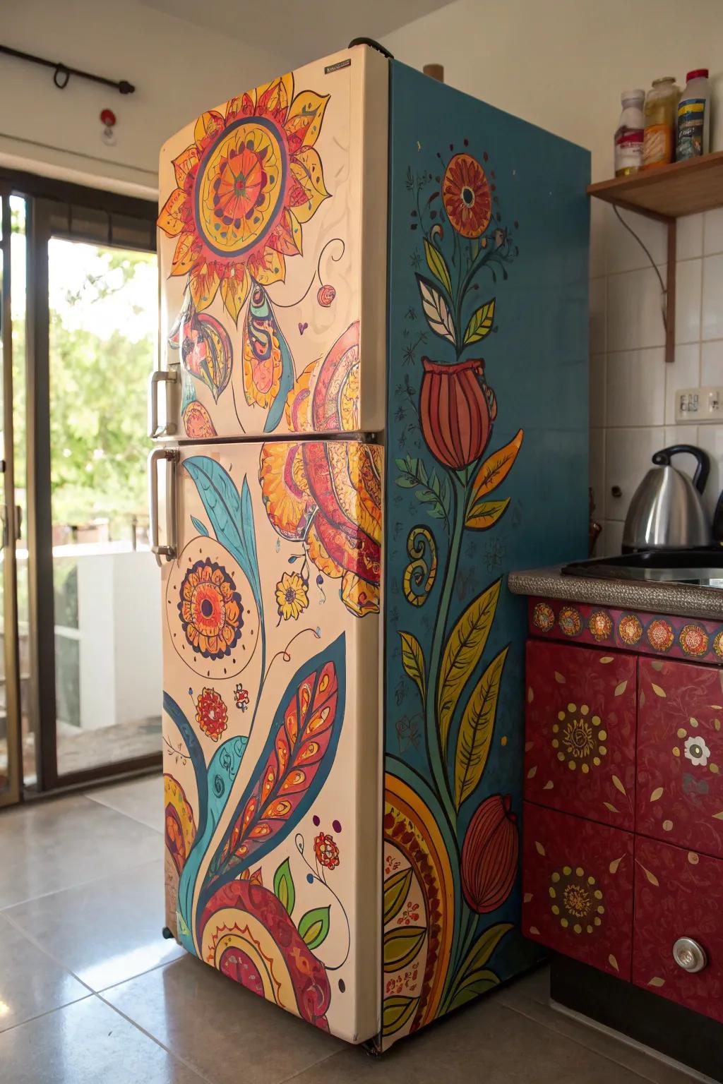 A refrigerator decorated with artistic stickers, making a bold statement.
